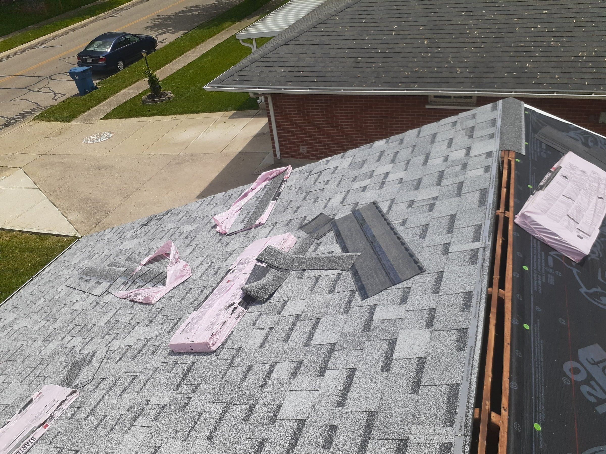 A shingled slope with the ridge left open for the vent, Huber Heights, Ohio.