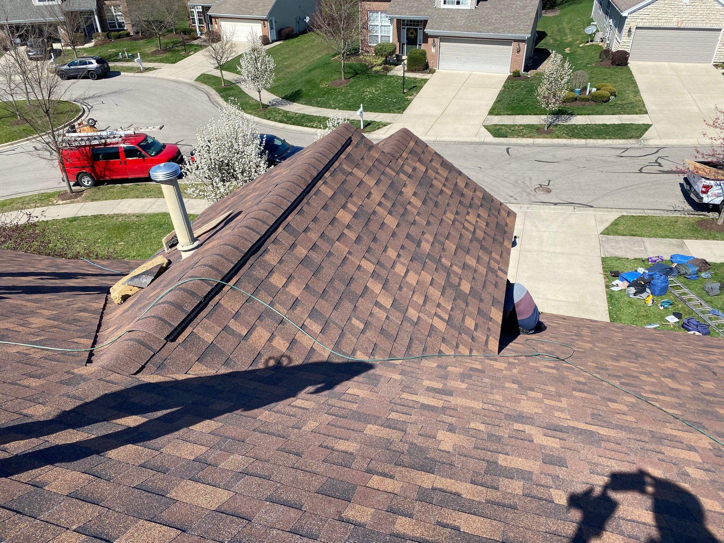 The finished upper roof above the street and the neighbors' houses, Xenia, Ohio.