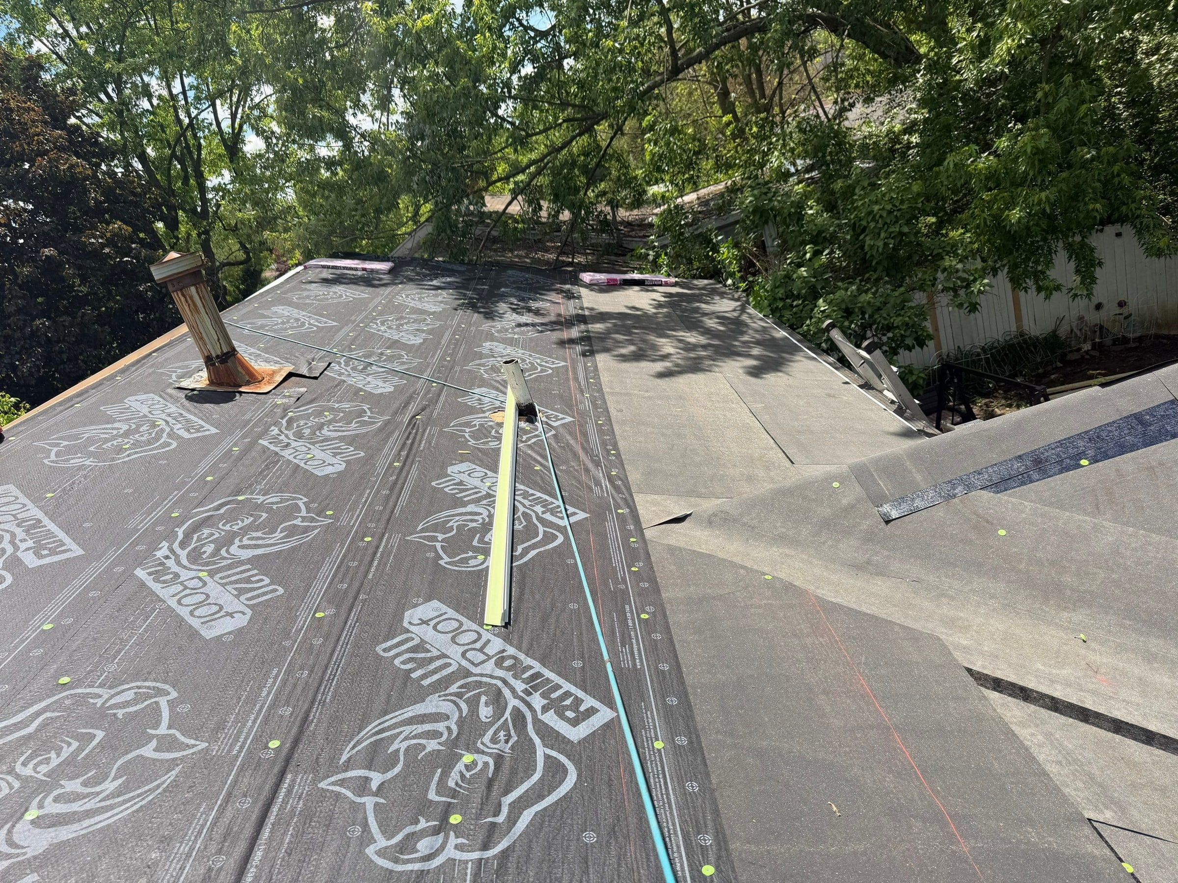 Ice and water shield at the edge and RhinoRoof underlayment on the deck, Dayton, Ohio.