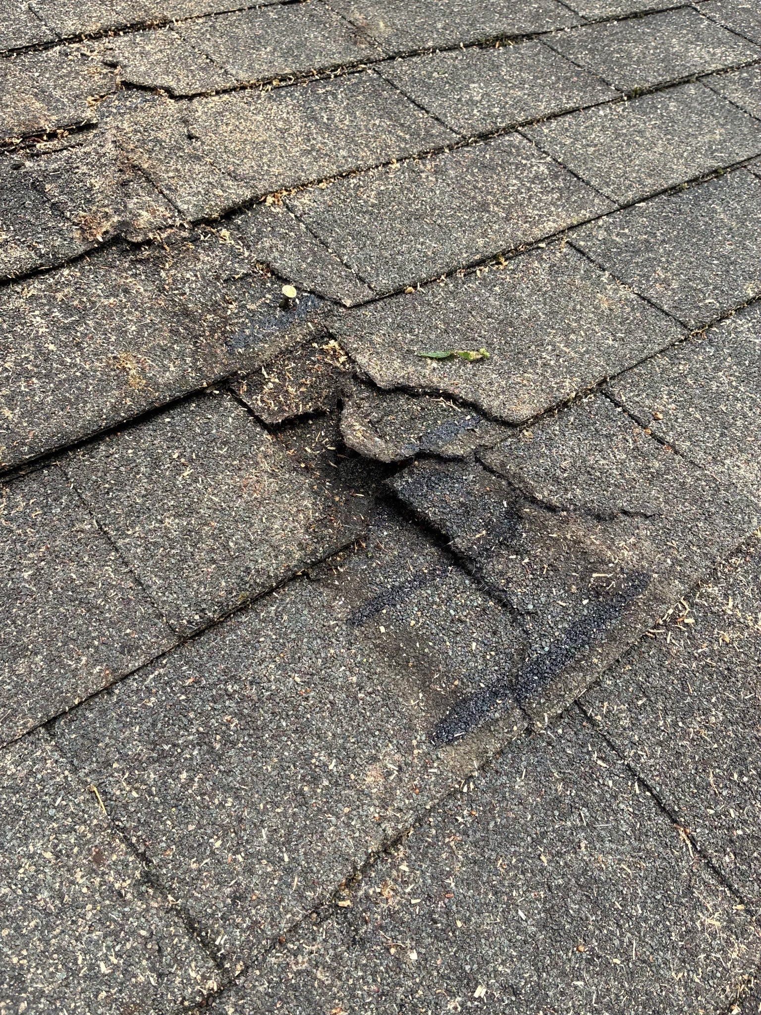 A split torn through the shingle courses, the layers beneath showing through.