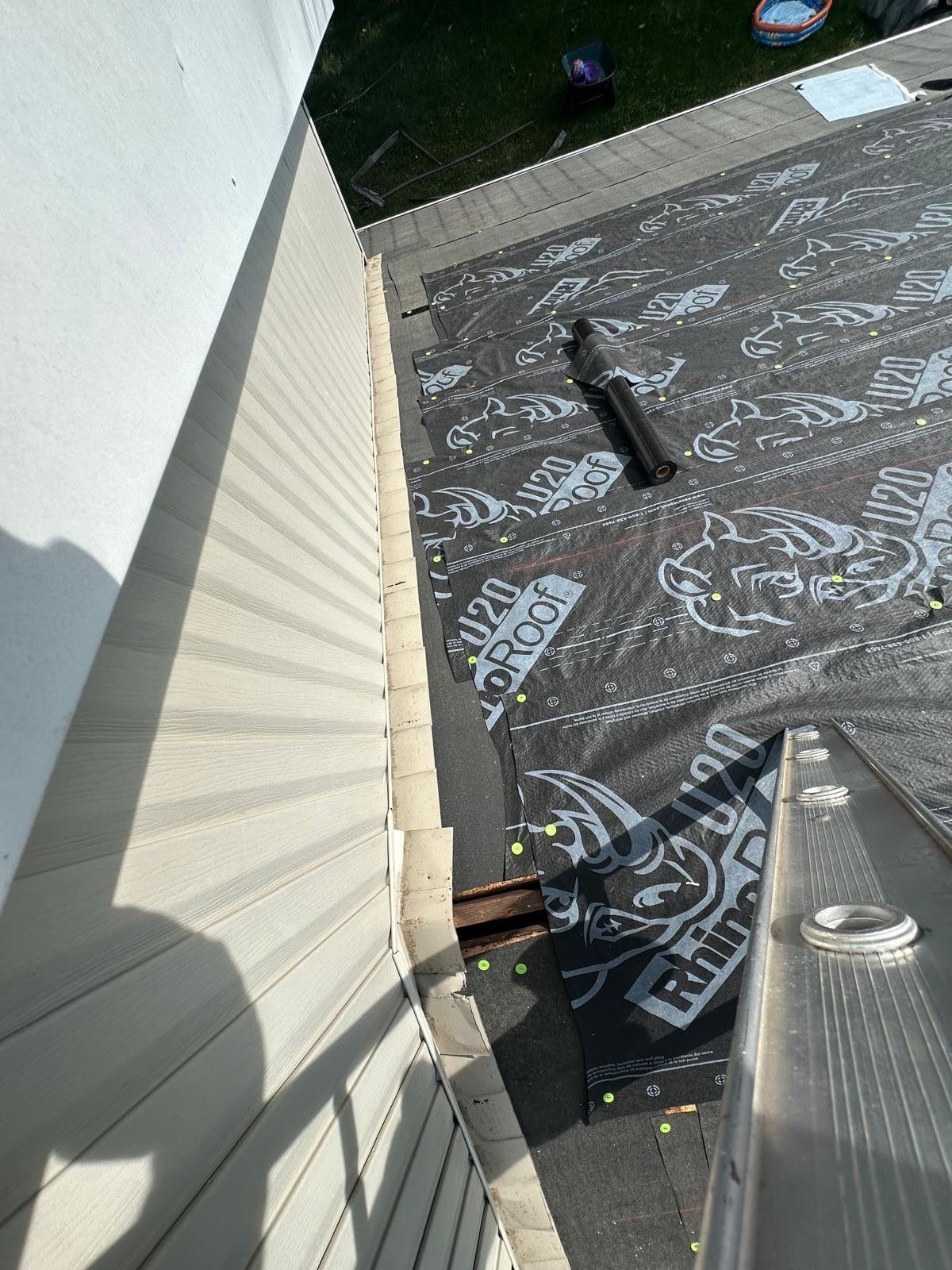 Underlayment along the wall where the roof meets the house, Fairborn, Ohio.