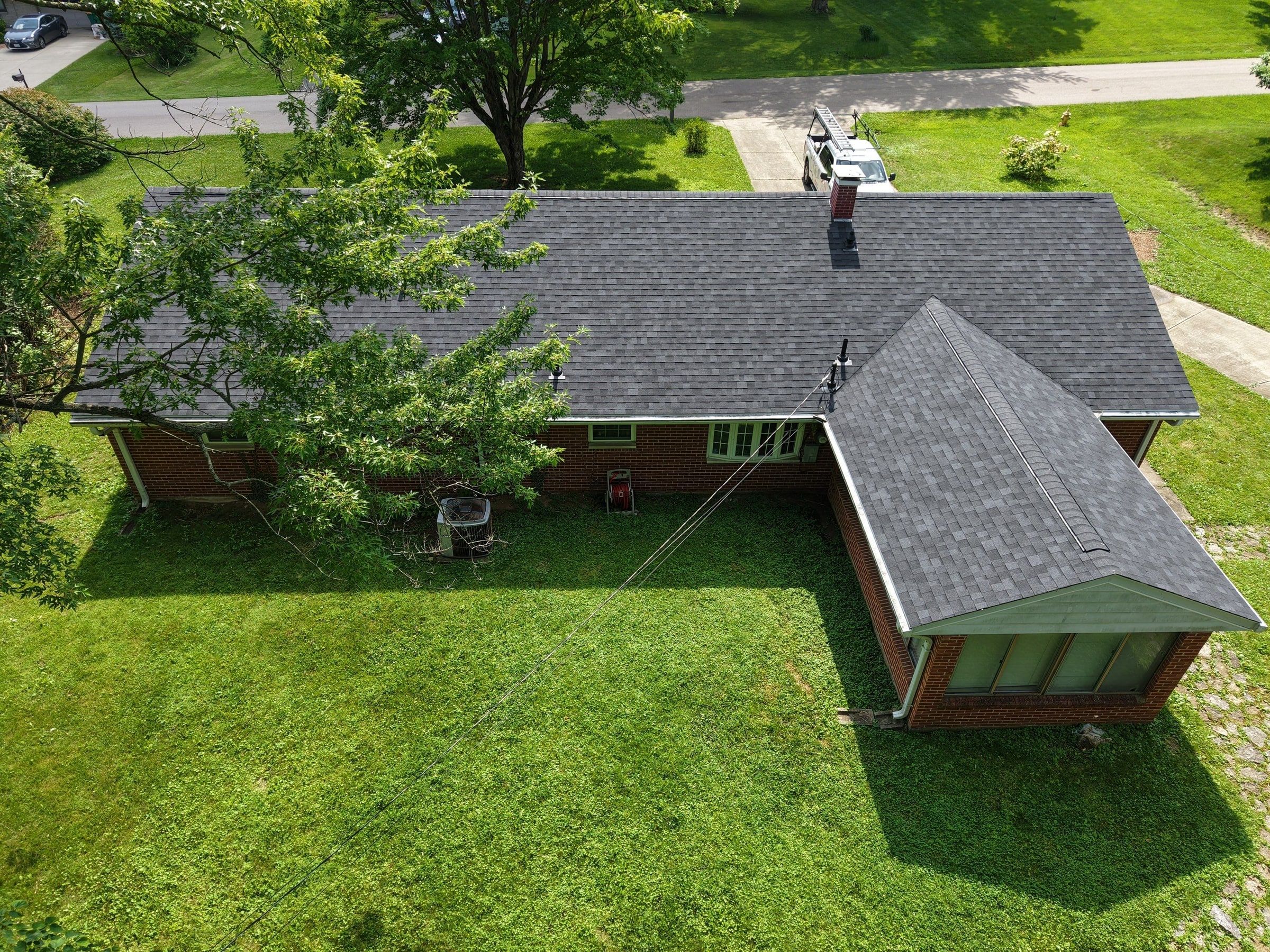 Drone photo of the back of the house and its new roof, Beavercreek, Ohio.