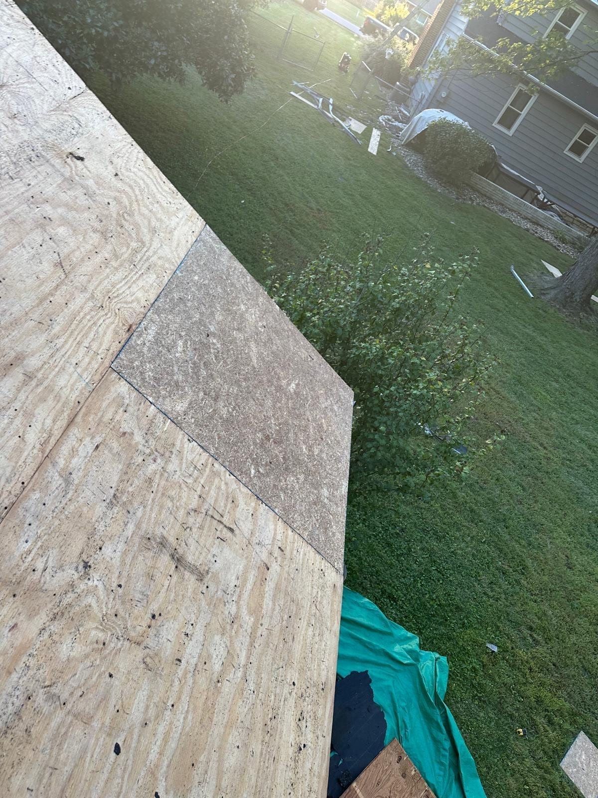 New sheathing along the roof edge above the yard, Beavercreek, Ohio.