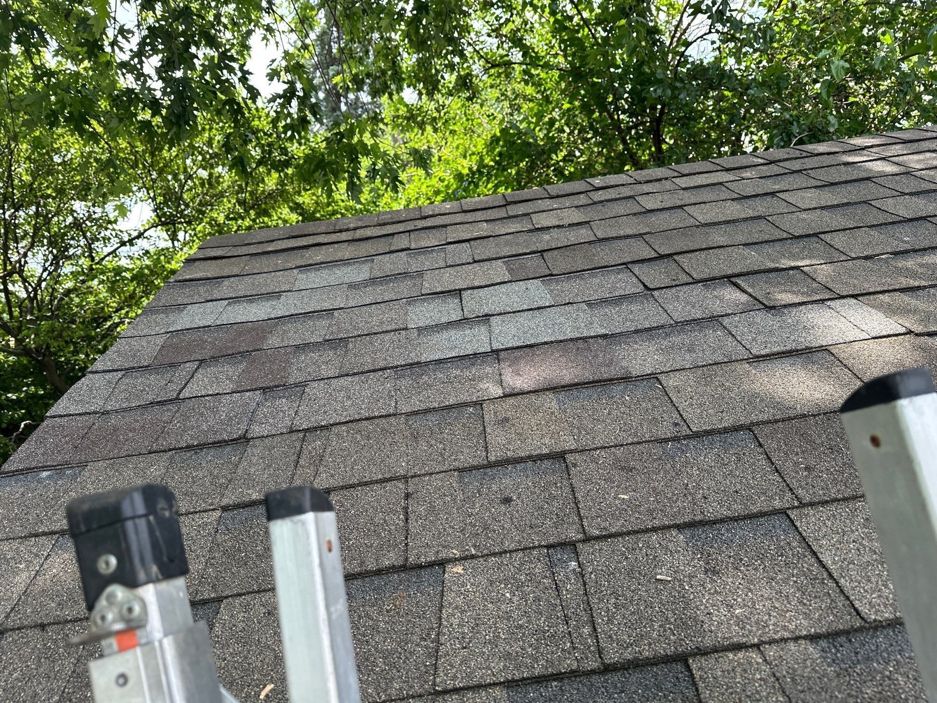 The repaired shed roof from the top of the ladder, Xenia, Ohio.