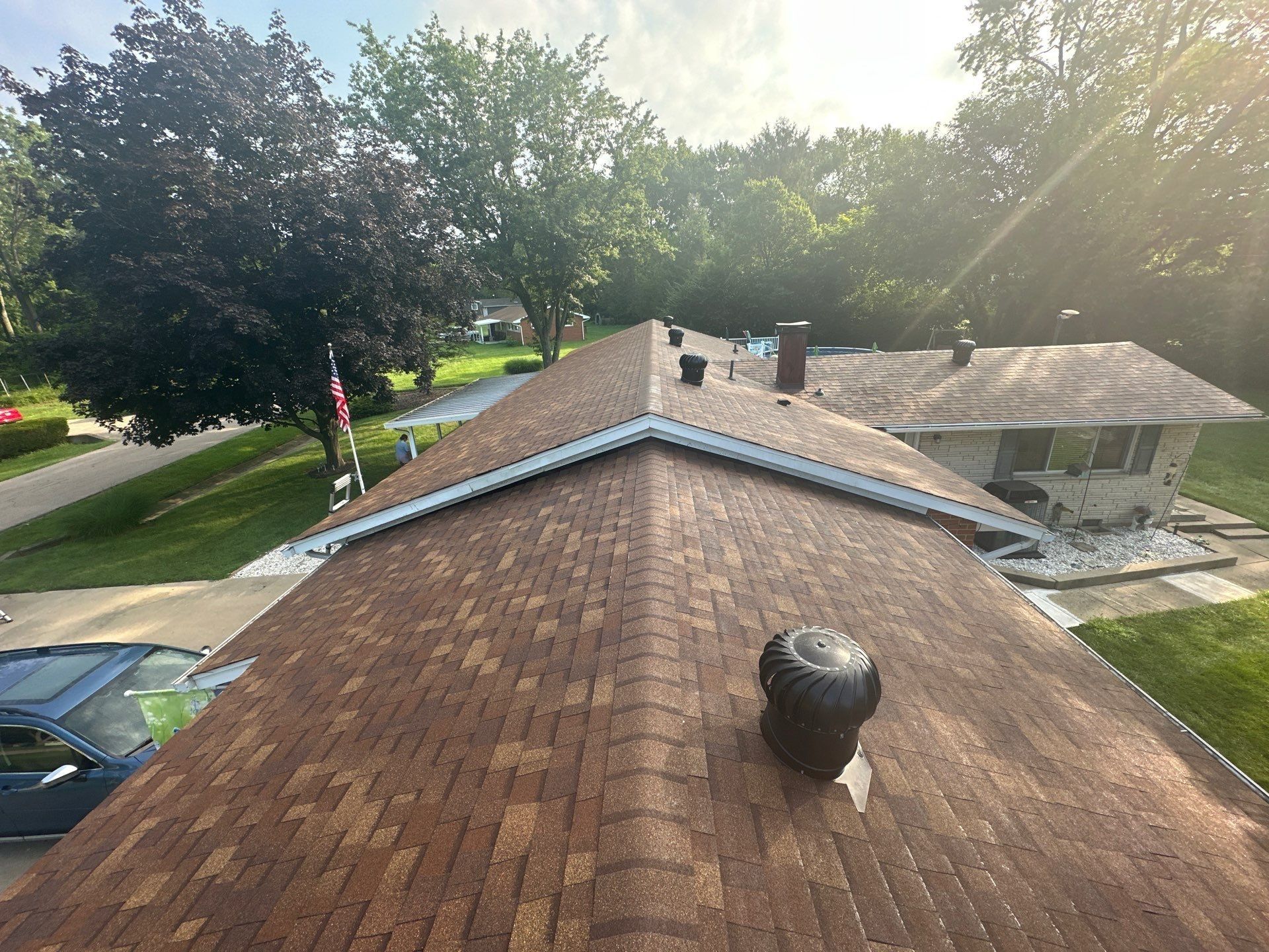The finished Owens Corning Duration roof on the brick ranch, Beavercreek, Ohio.