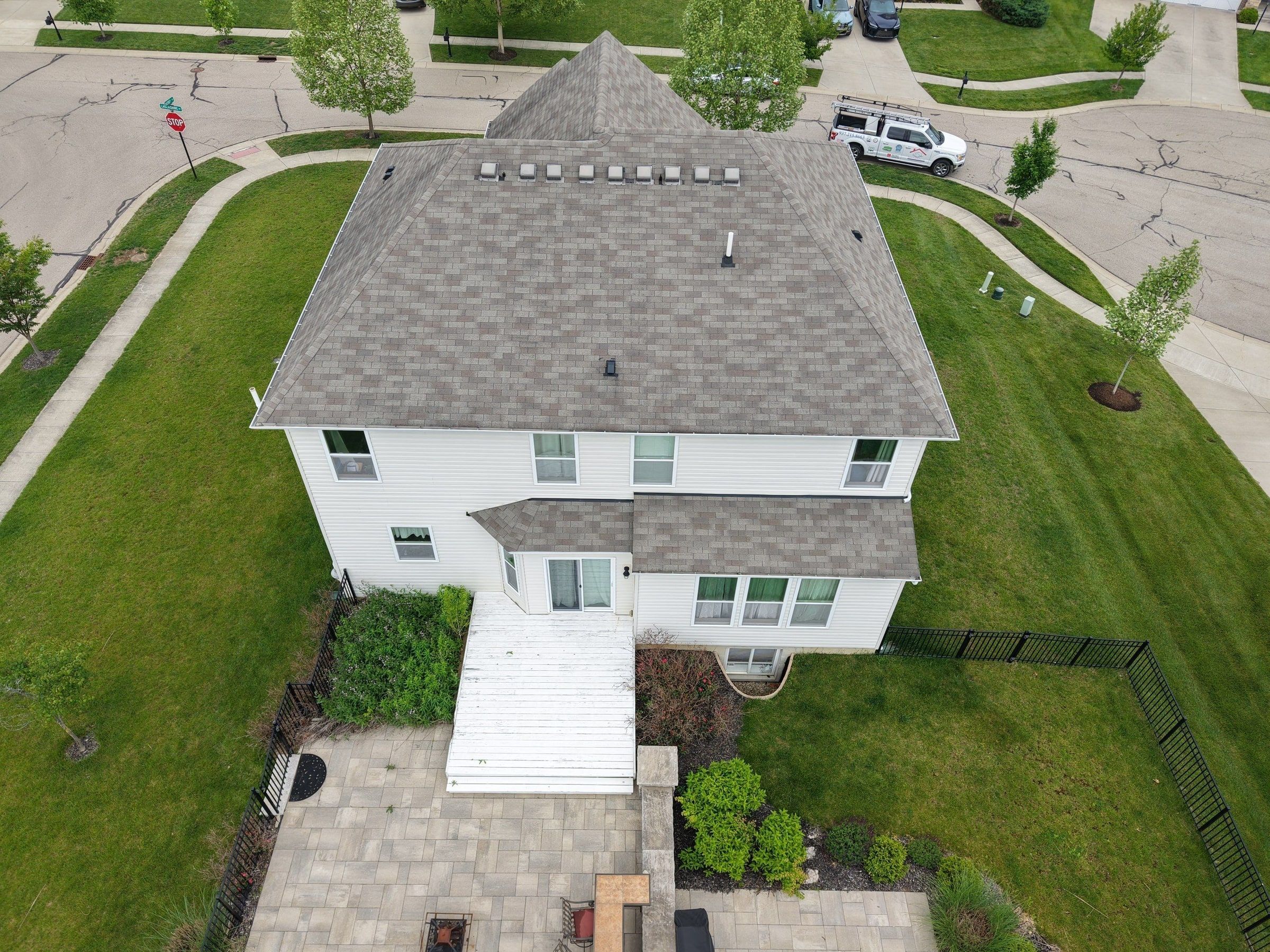 Drone photo of the back of the house and its roof, Xenia, Ohio.