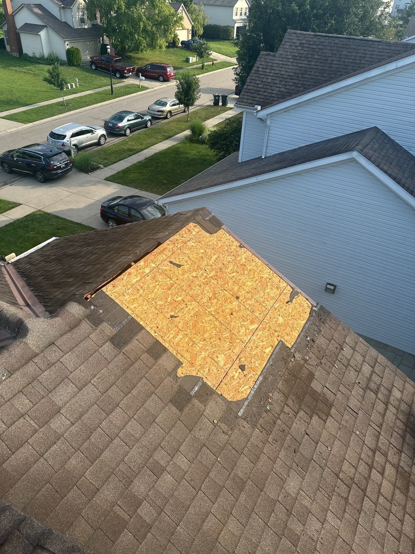 One plane in new sheathing among shingles
