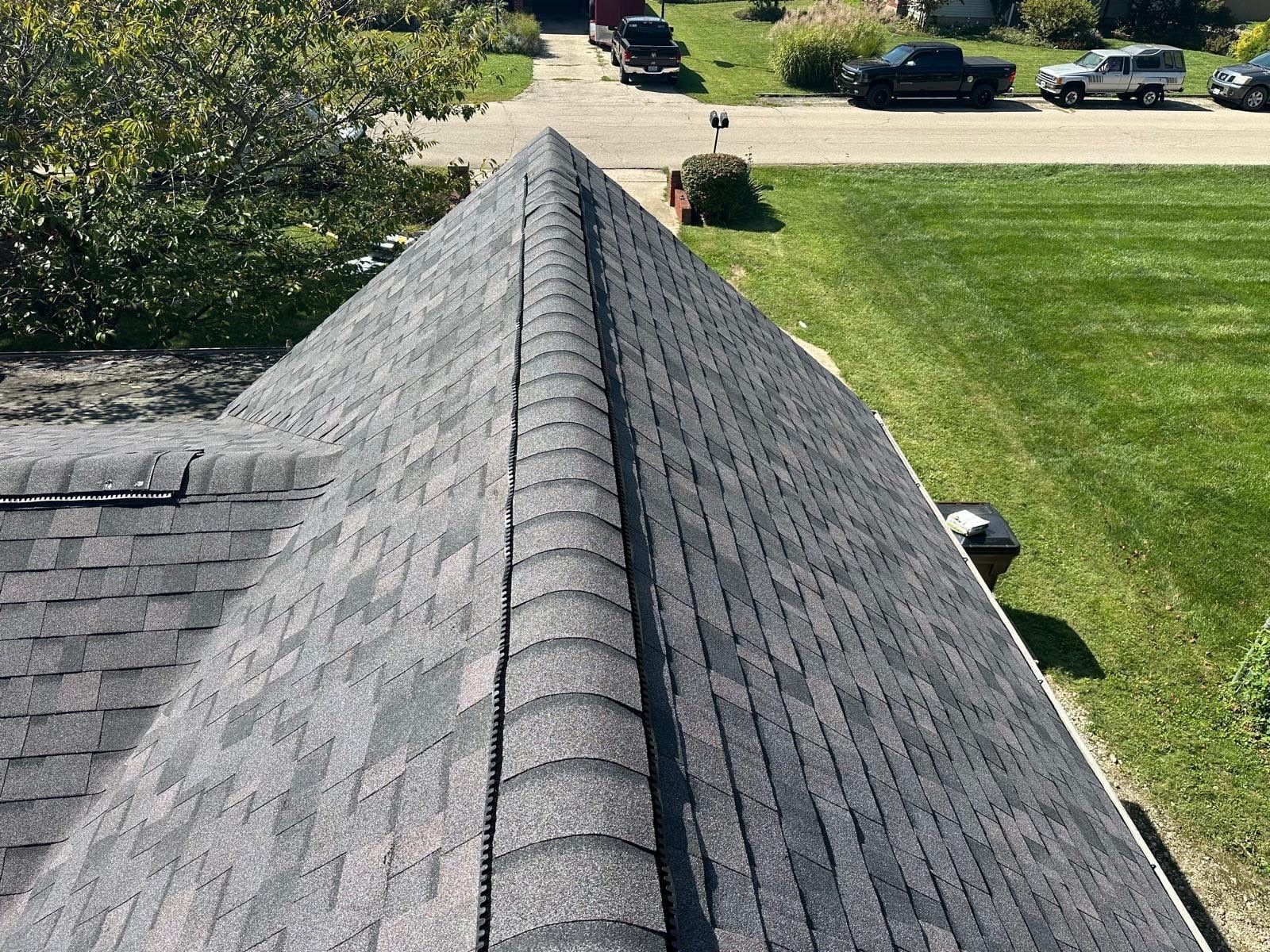 The finished ridge over the front, with the street below, Beavercreek, Ohio.