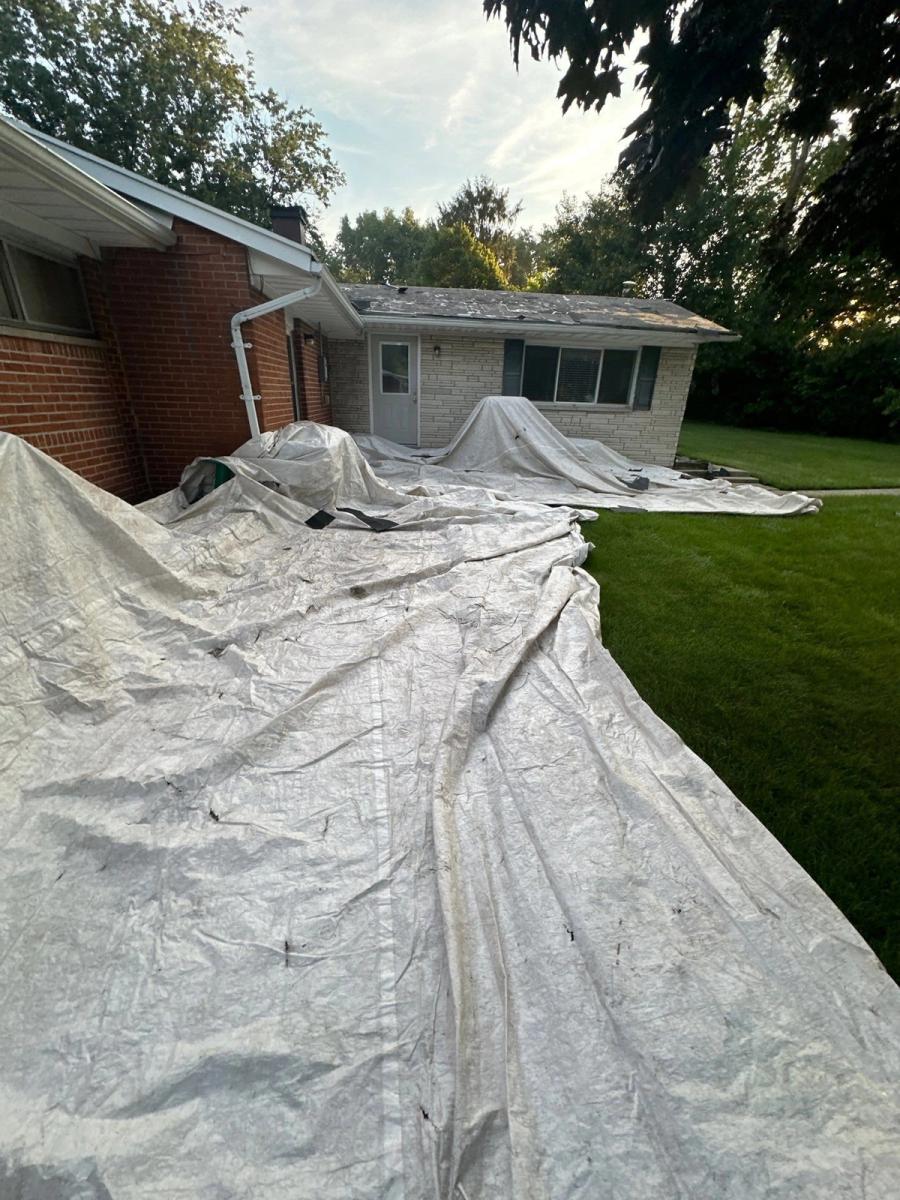 Front walk and shrub beds under tarps
