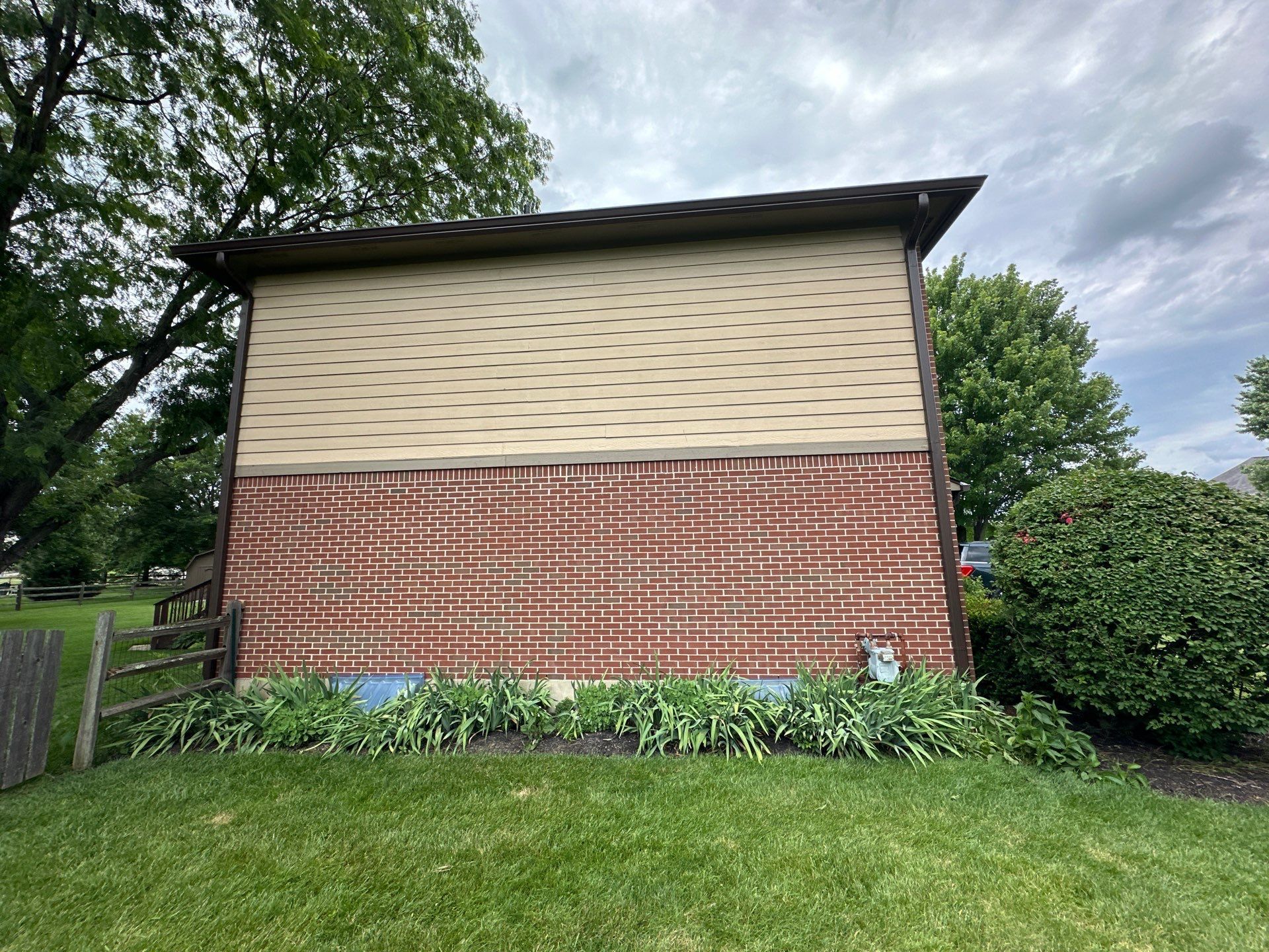 Seamless gutters and downspouts on a completed Beavercreek, Ohio home.