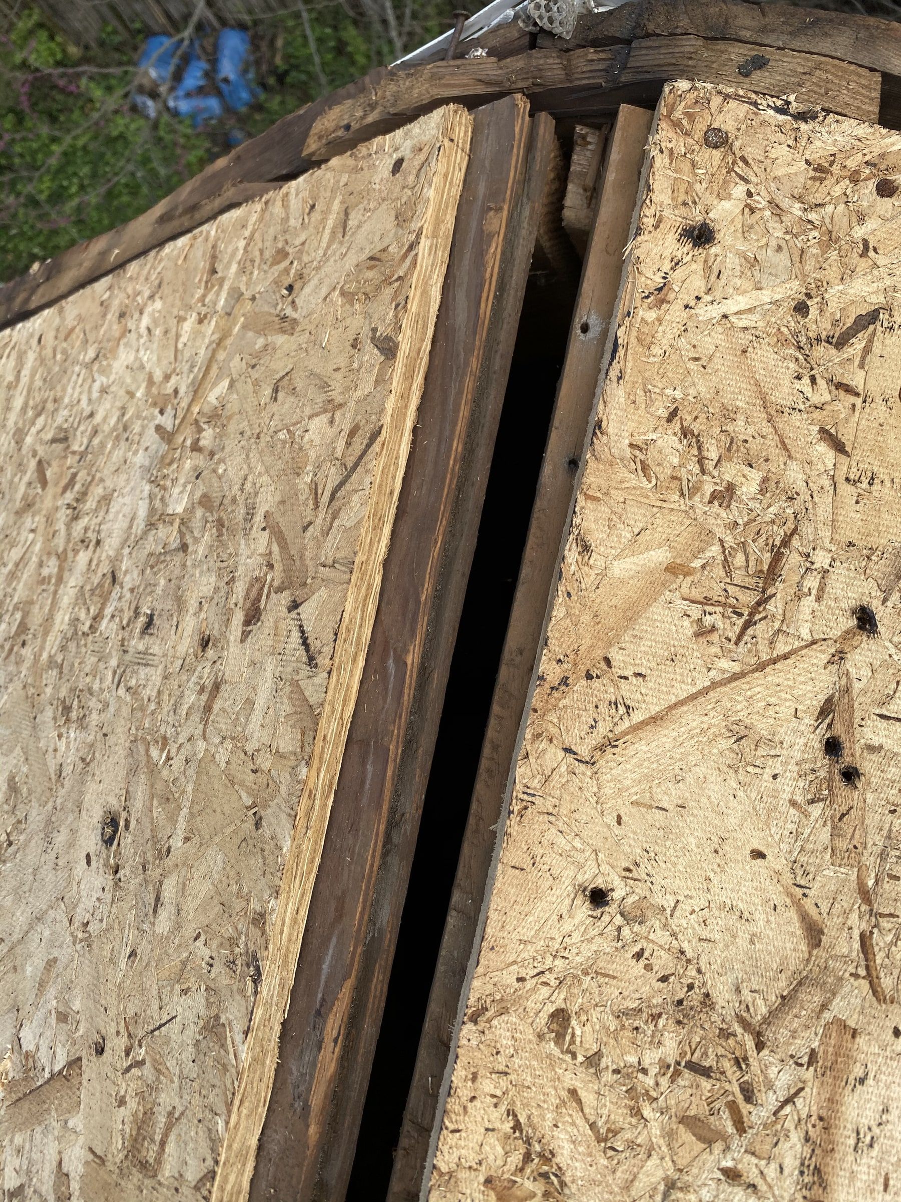 The ridge gap between two runs of new OSB, close up, Yellow Springs, Ohio.