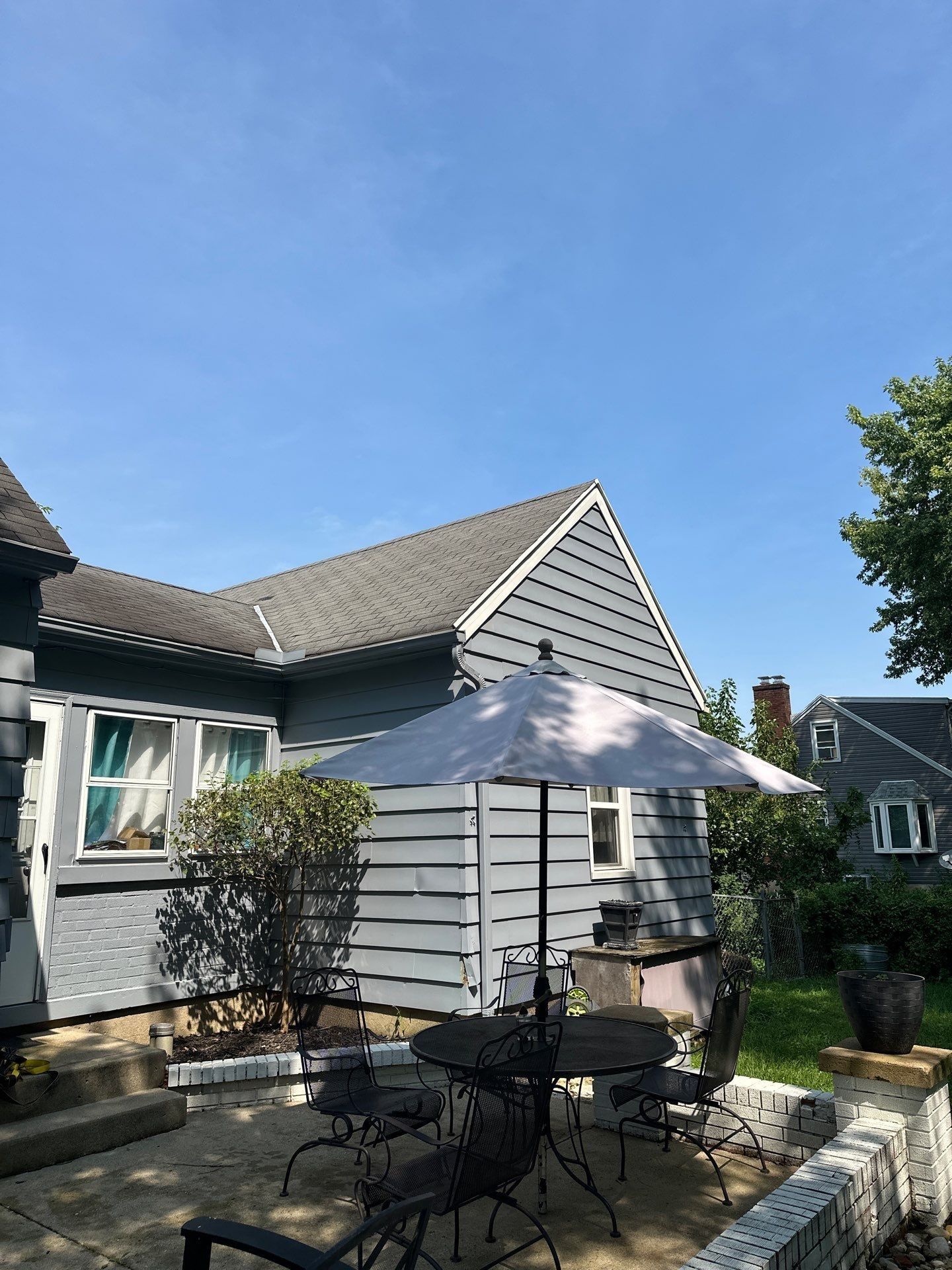 The patio corner where the two roof sections meet, Beavercreek, Ohio.