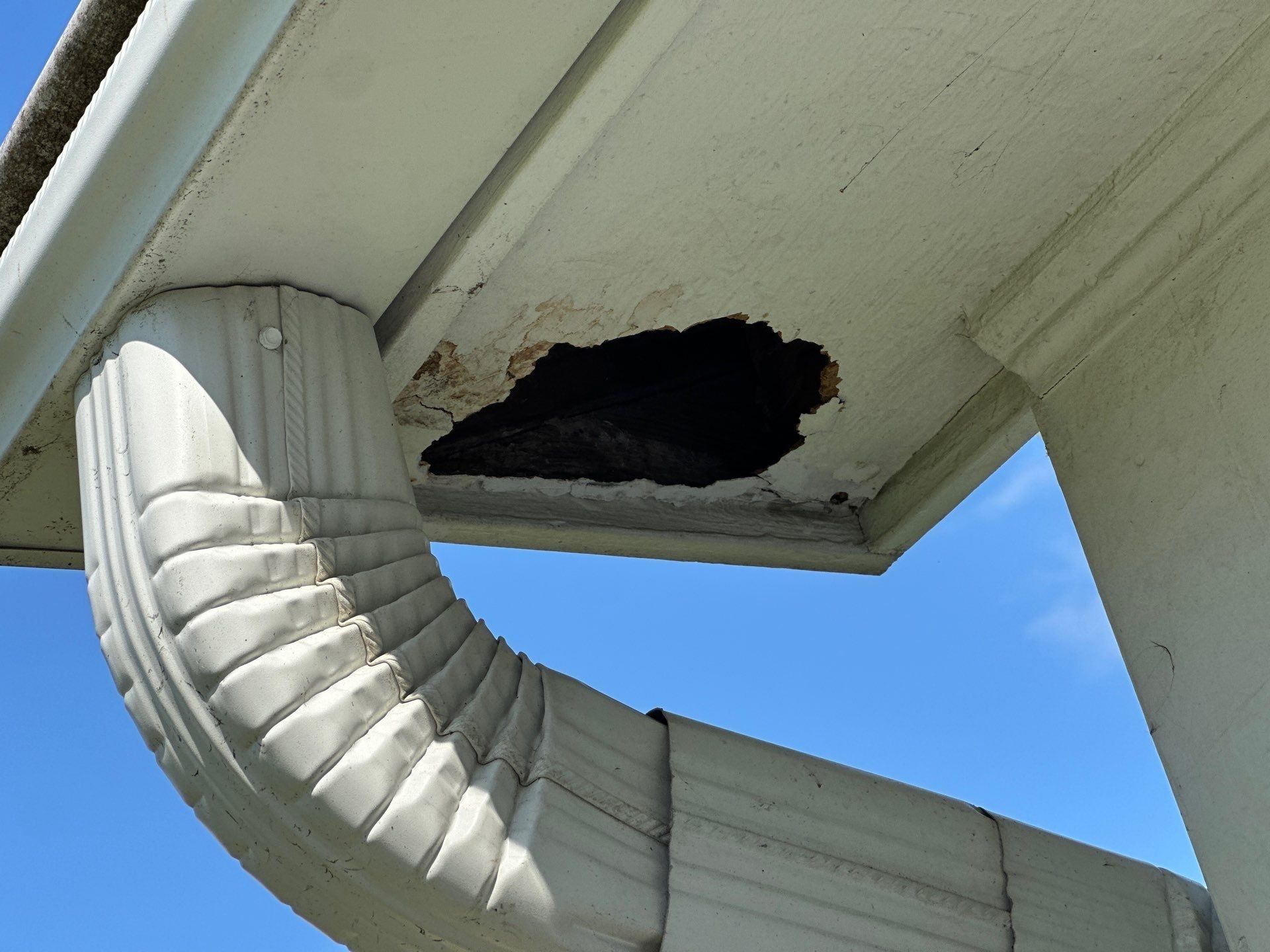 Hole through the soffit beside a downspout elbow
