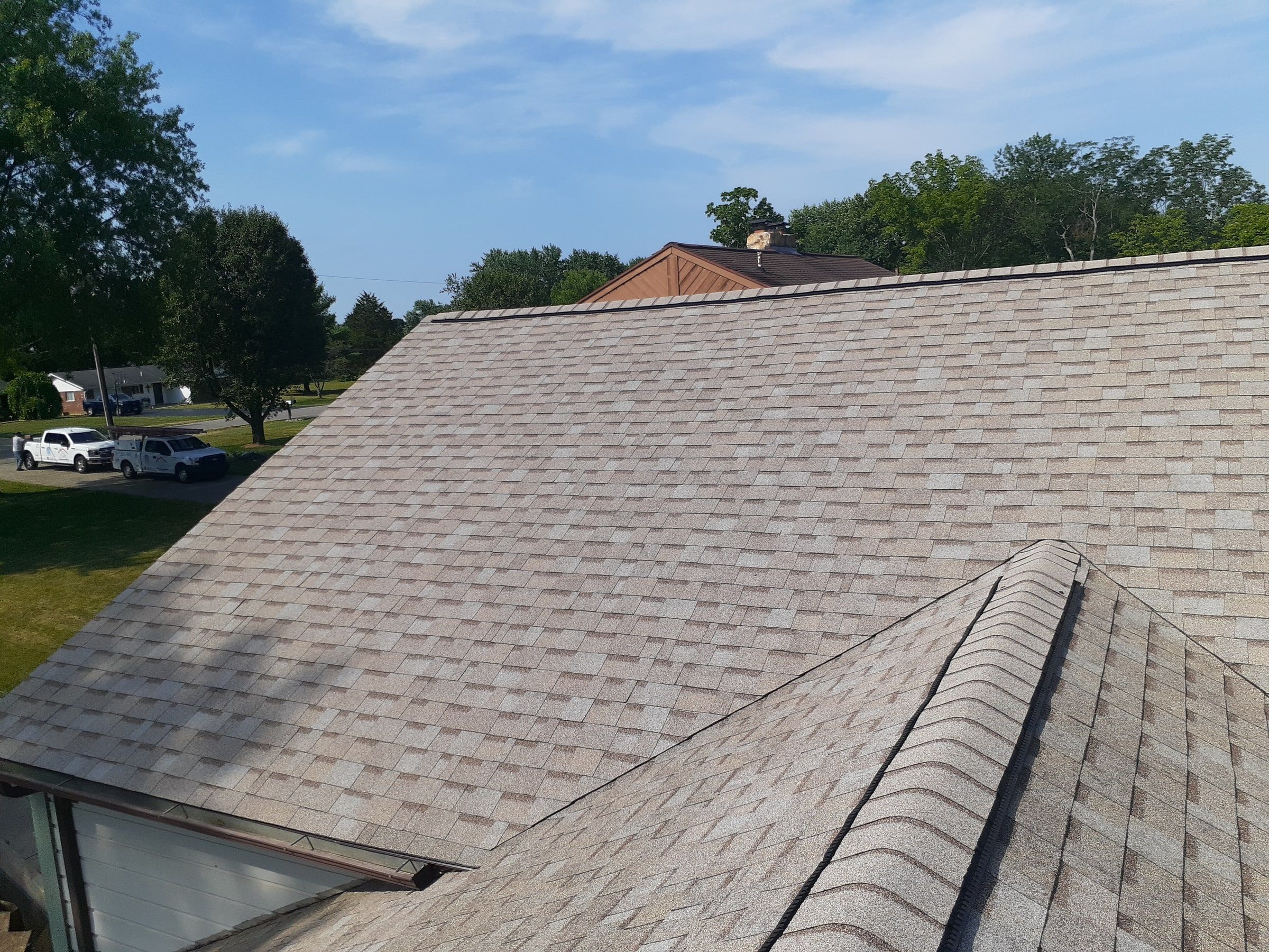 Finished roof planes from the ridge looking toward the street, Jamestown, Ohio.