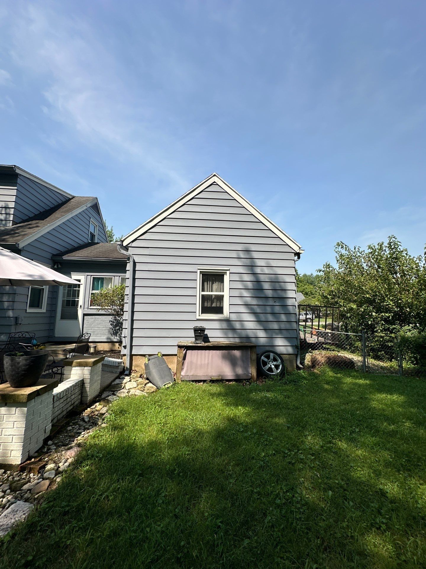The back of the attached garage from the yard, Beavercreek, Ohio.