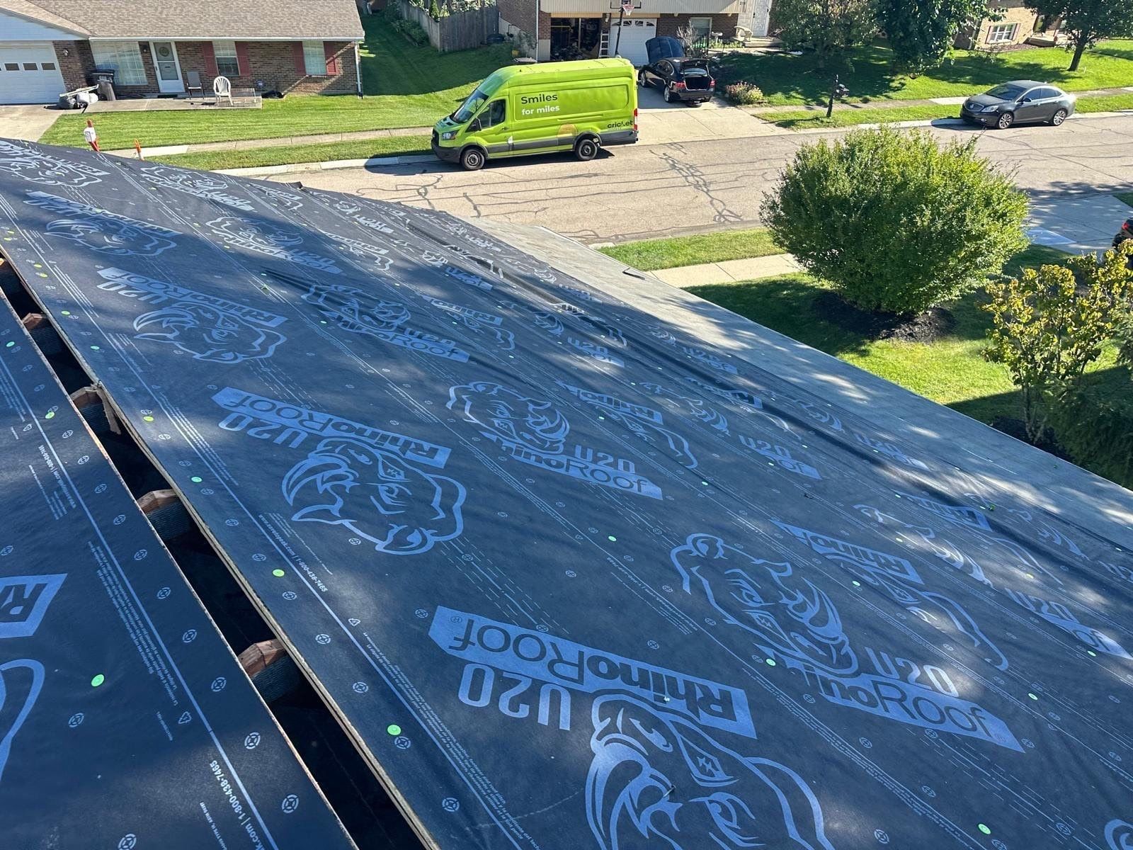 RhinoRoof underlayment on a slope above the street, West Carrollton, Ohio.