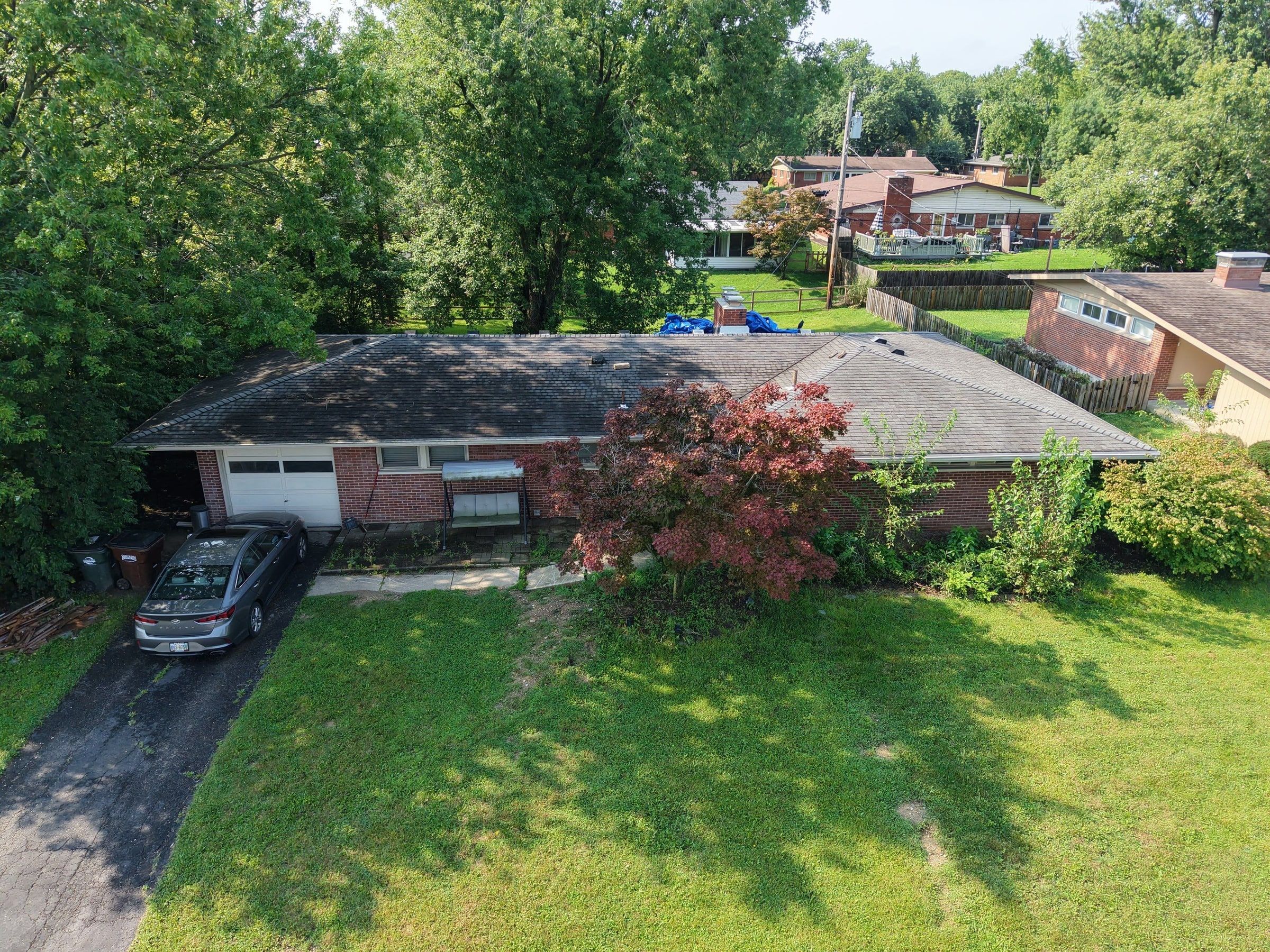The old roof from the air at the inspection, over the front yard, Kettering, Ohio.