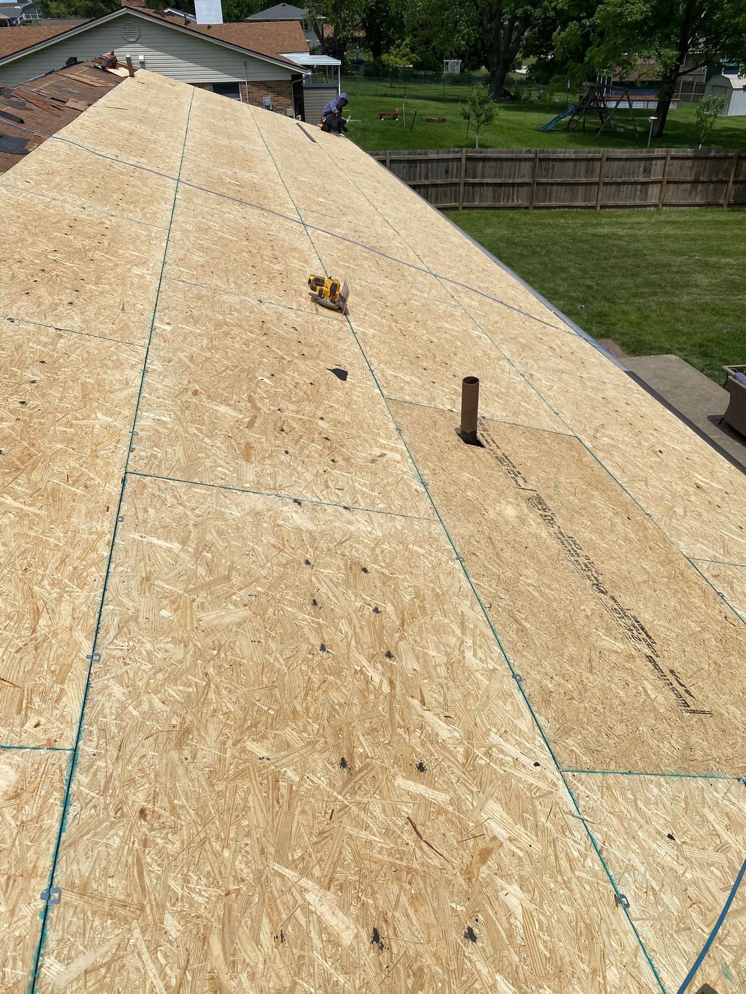 New OSB covering the back slope where the damaged deck came off, Beavercreek, Ohio.