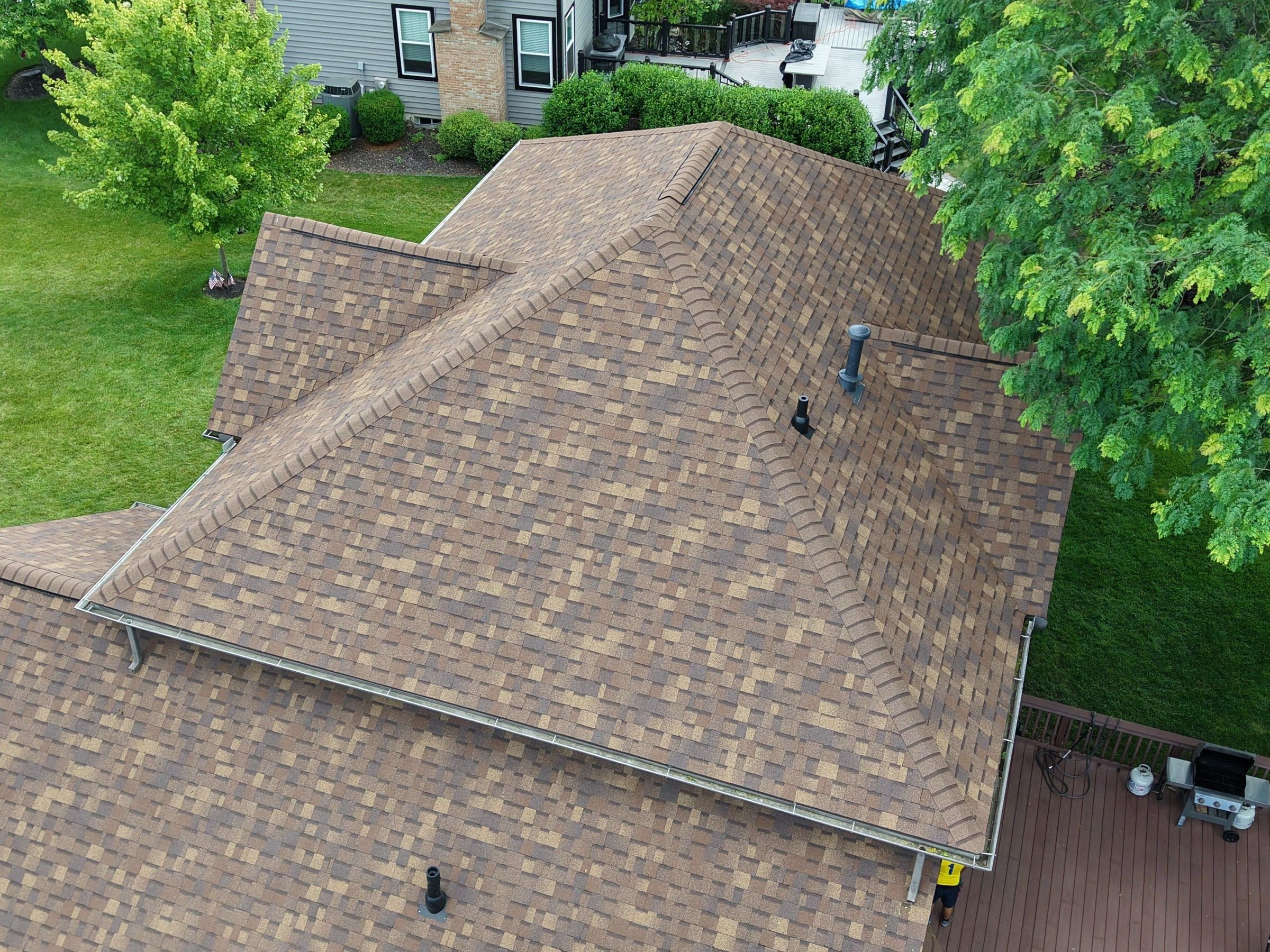 Close aerial view of the new shingles and roof vents, Beavercreek, Ohio.
