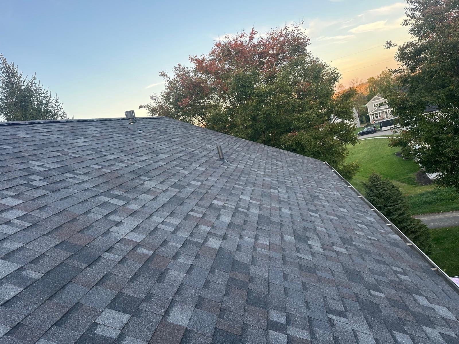 The finished roof below a red maple, with the neighborhood beyond, Beavercreek, Ohio.