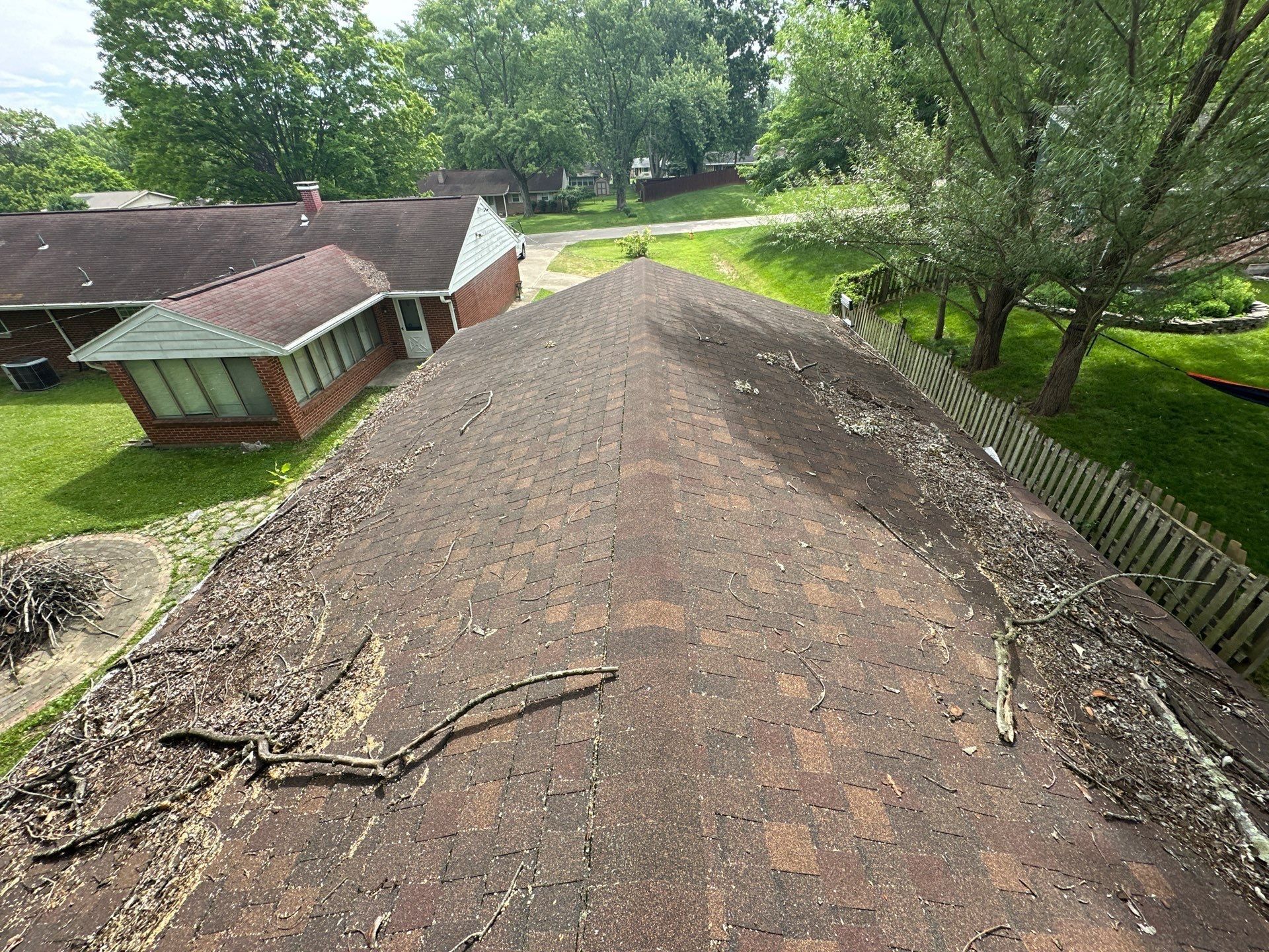 Branches and debris on the old garage roof, Beavercreek, Ohio.