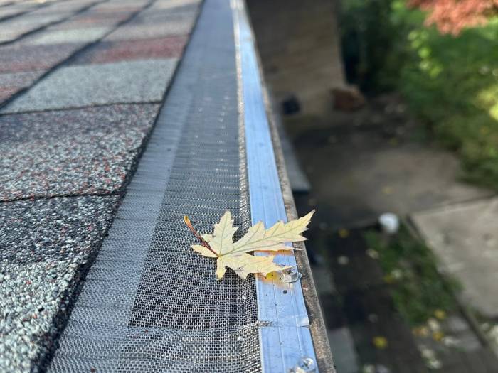 A leaf resting on the mesh gutter guard on Brubaker Dr, Kettering