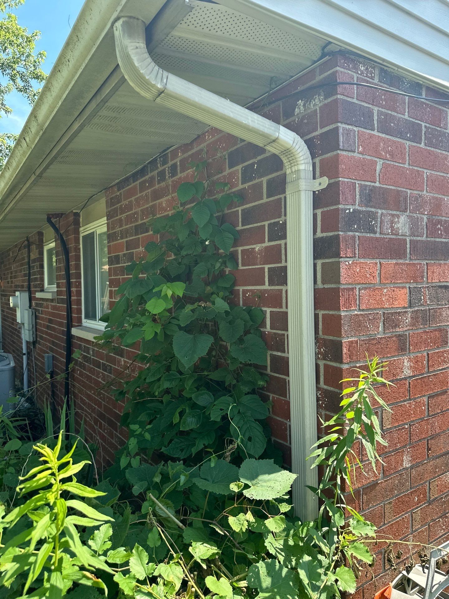 White gutter, downspout and vented soffit