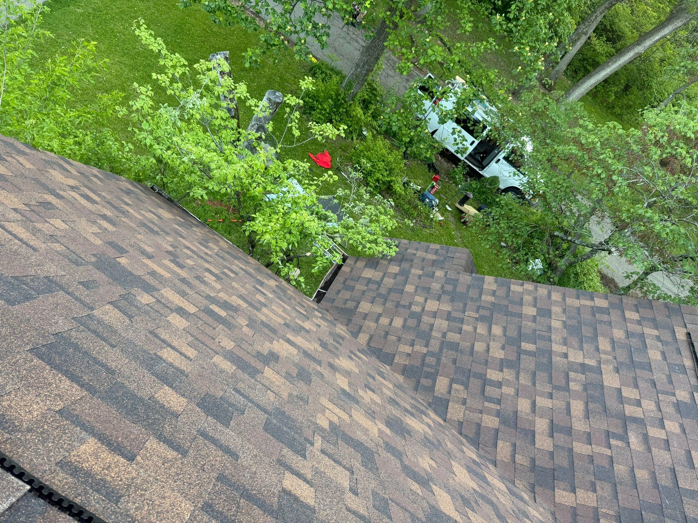 Finished shingles over the back of the house, looking down at the yard, Springfield, Ohio.