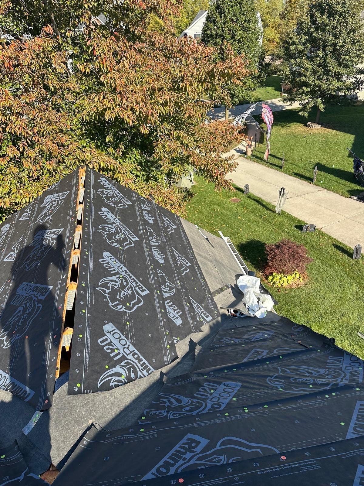RhinoRoof synthetic underlayment over the deck on a front gable, Beavercreek, Ohio.