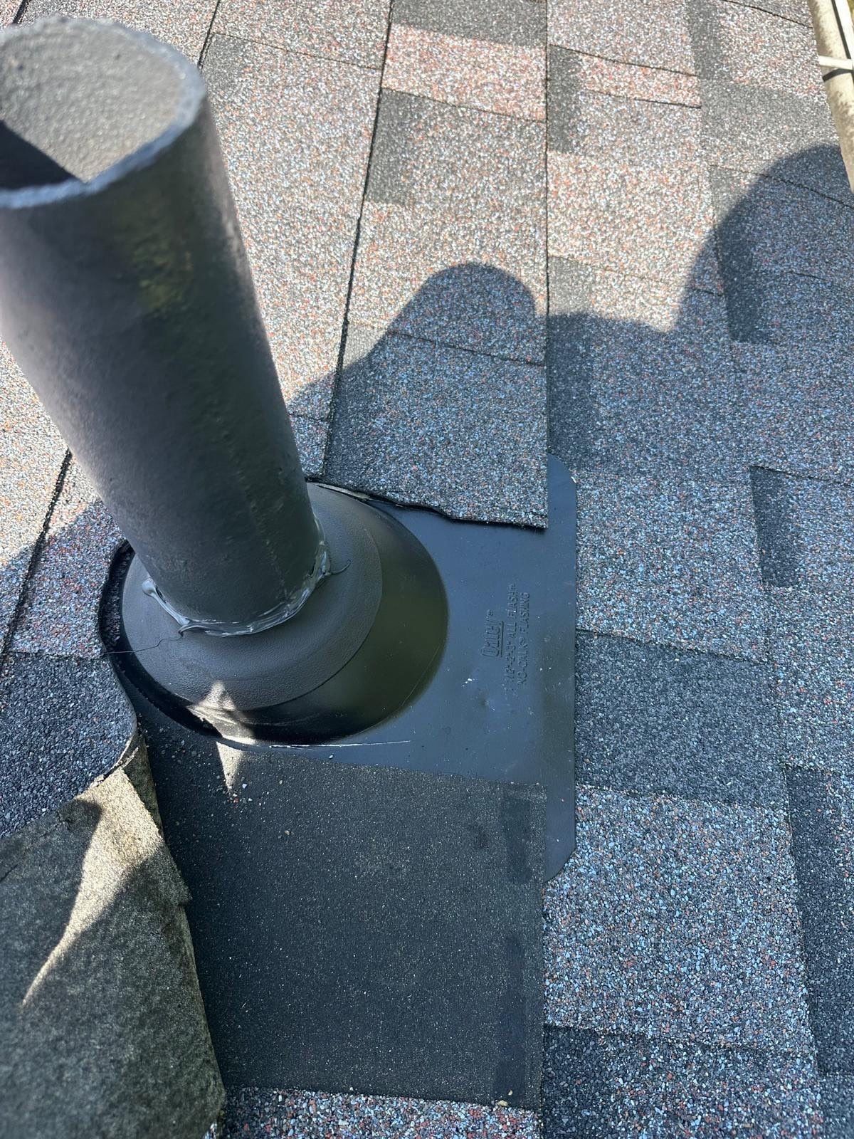A new pipe boot on the finished shingles, Beavercreek, Ohio.