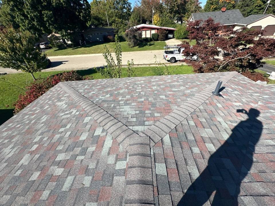 The finished hips meeting over the front of the house, Kettering, Ohio.