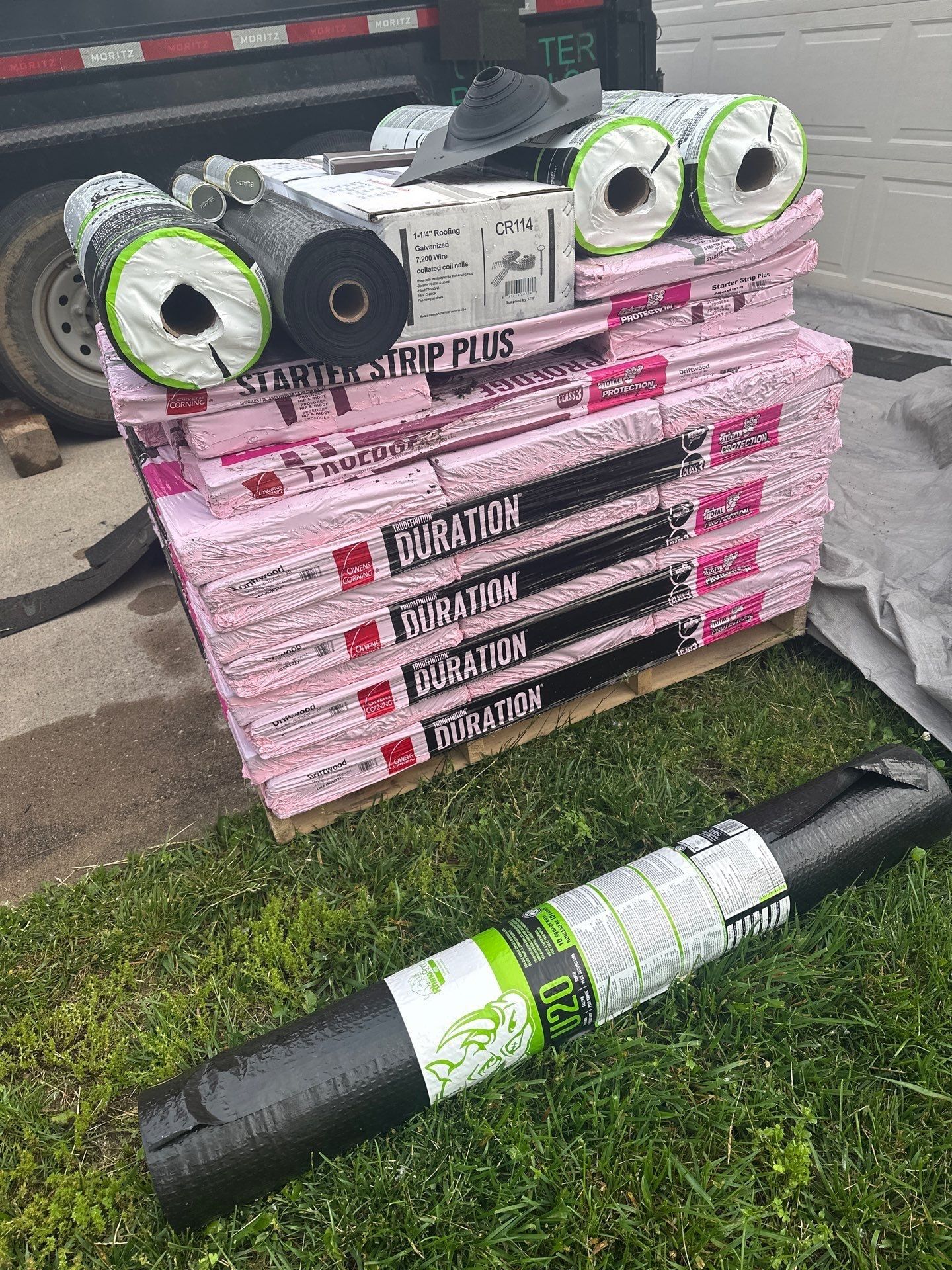 Duration bundles palletized on the driveway