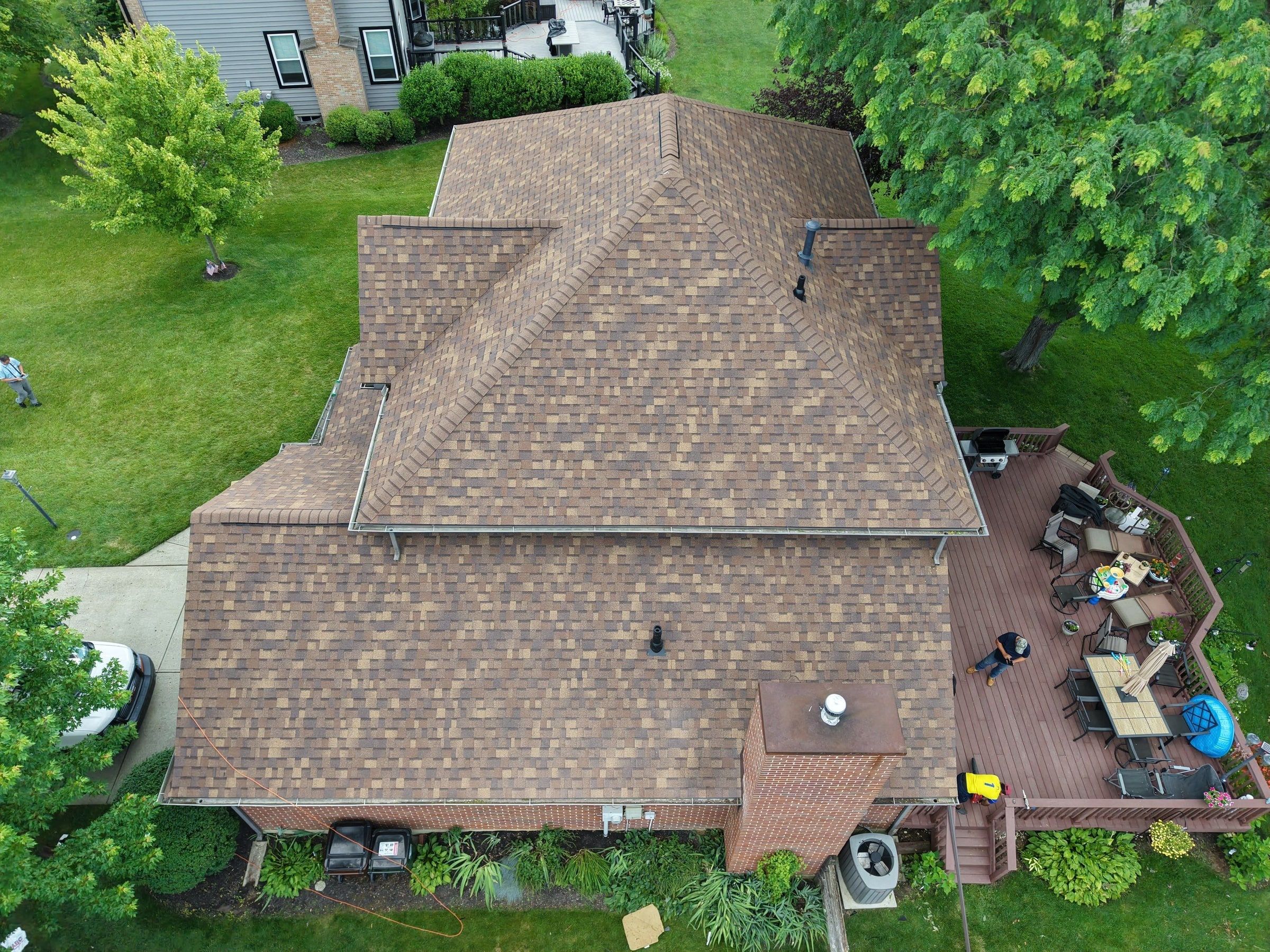 Overhead view of the finished roof and the chimney above the deck, Beavercreek, Ohio.