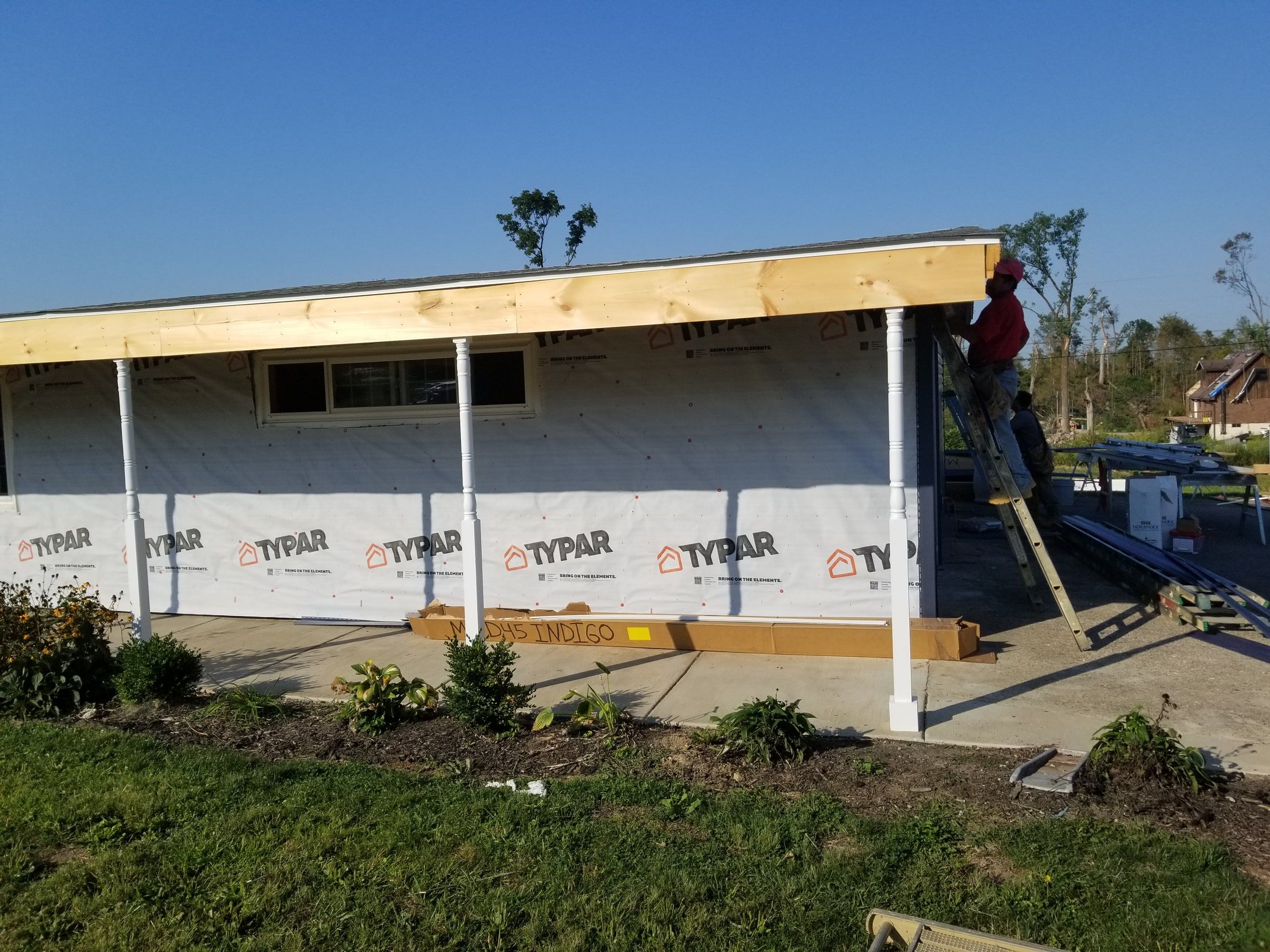 House wrap on the front wall under the new porch framing, Beavercreek, Ohio.