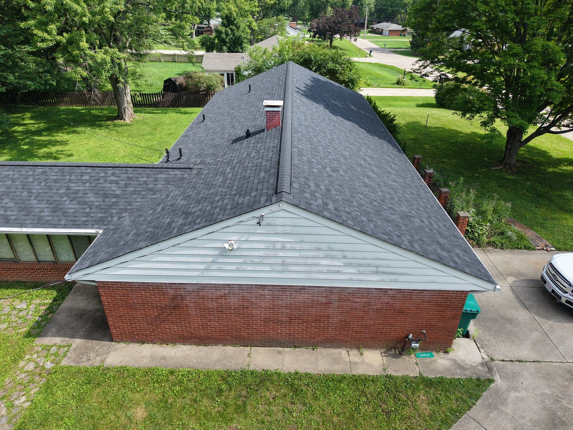 Gable end, hips and chimney from above