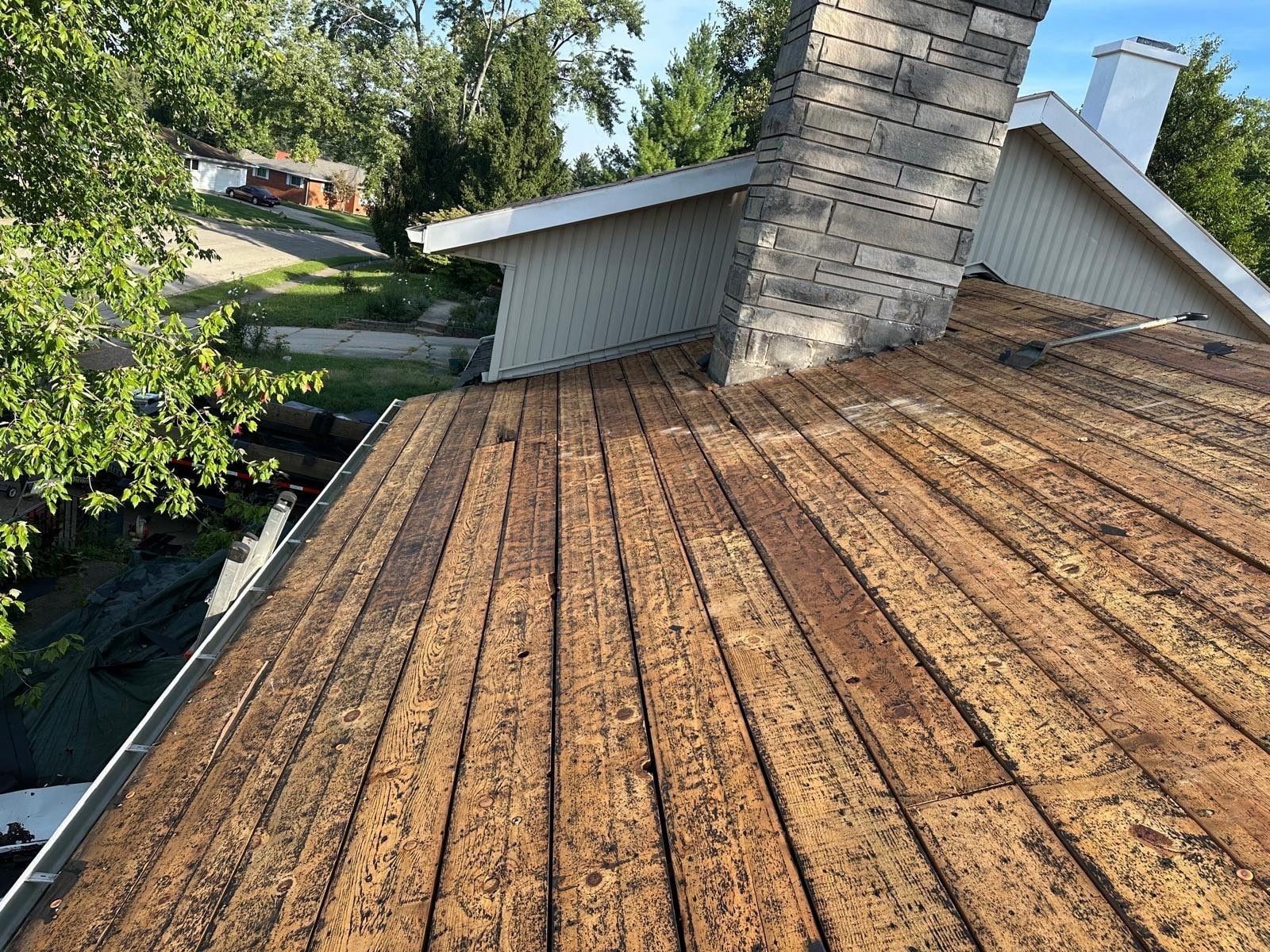 The board deck up to the stone chimney beside the second-story wall, Fairborn, Ohio.