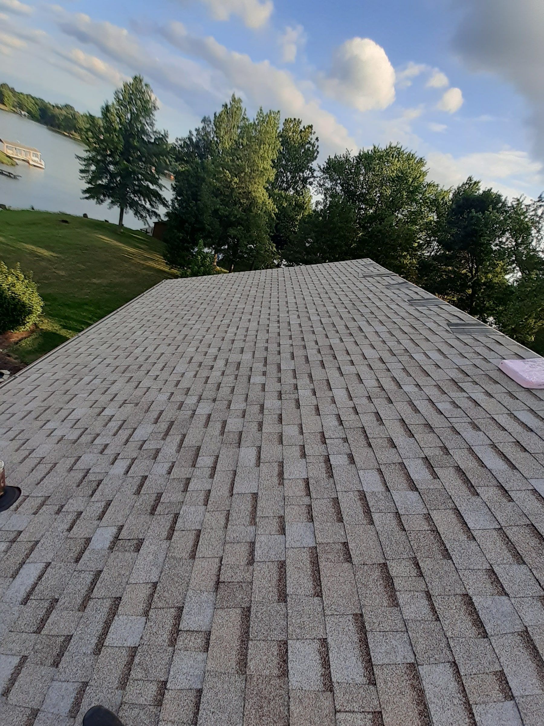 Back slope shingled from eave to ridge facing the lake, Jamestown, Ohio.