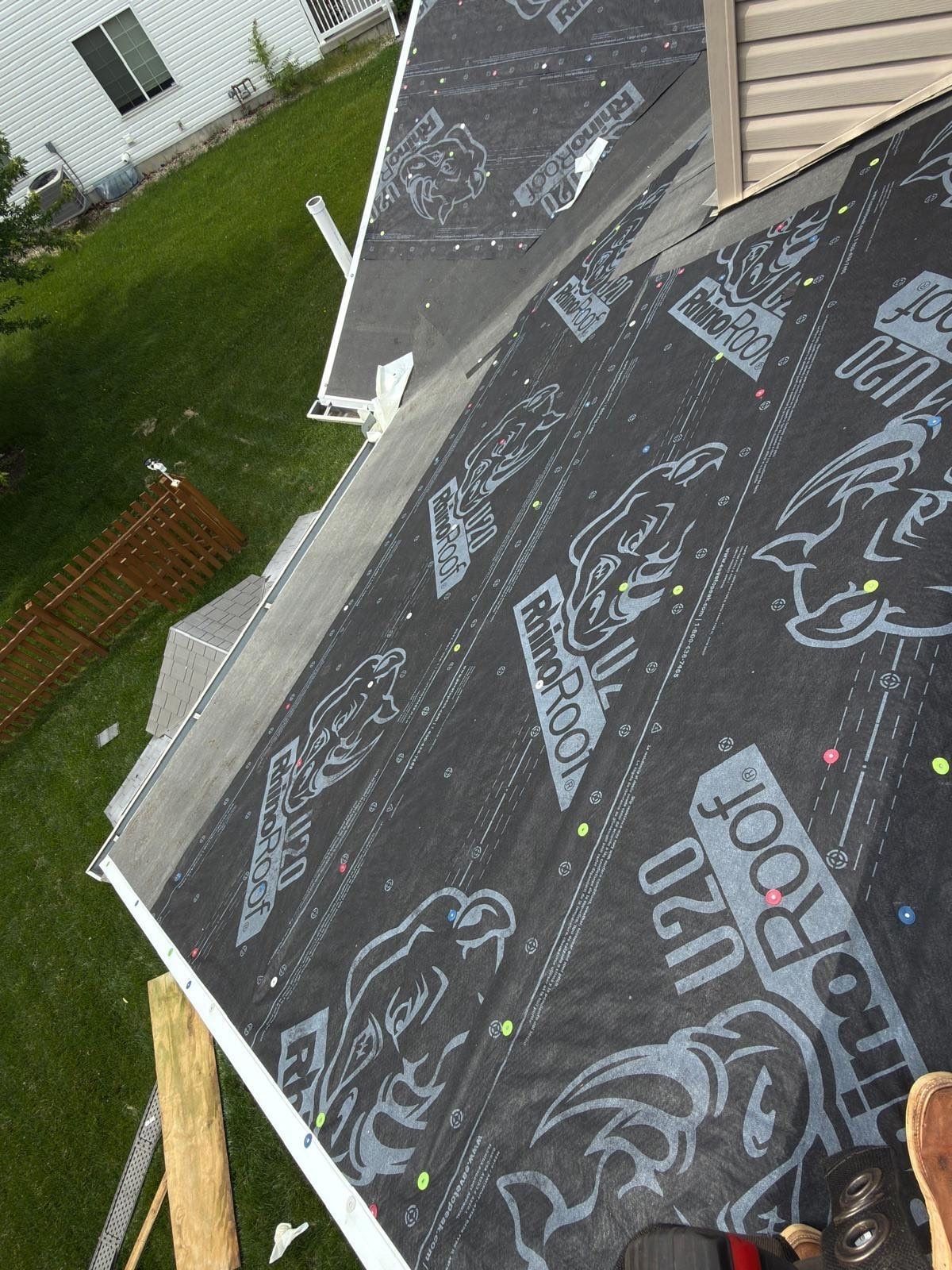 RhinoRoof synthetic underlayment covering the roof above the back yard, Beavercreek, Ohio.