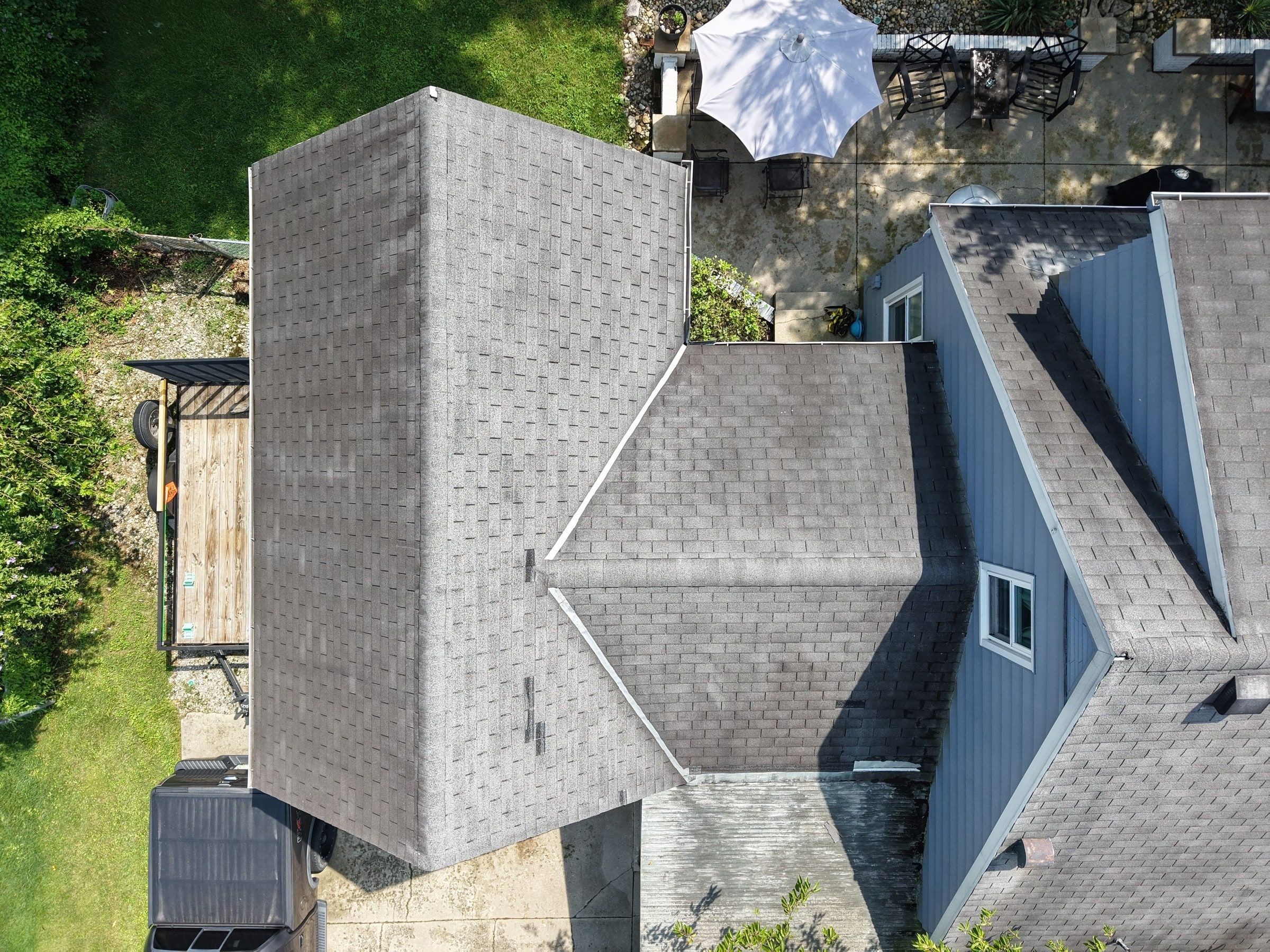 The old roof where the dormer section meets the back wing, from the air, Beavercreek, Ohio.
