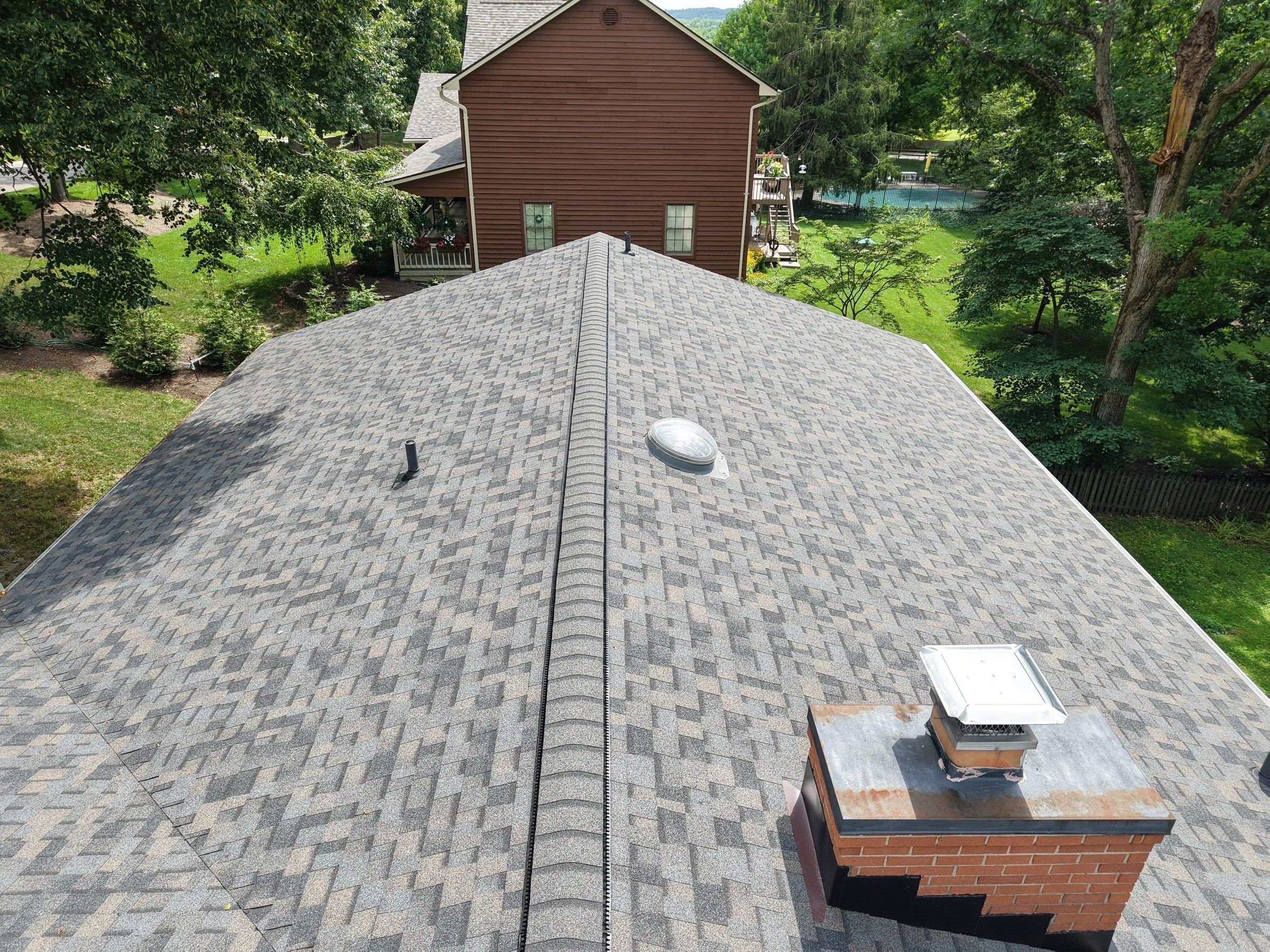 The finished roof with its chimney and vents from the drone, Beavercreek, Ohio.