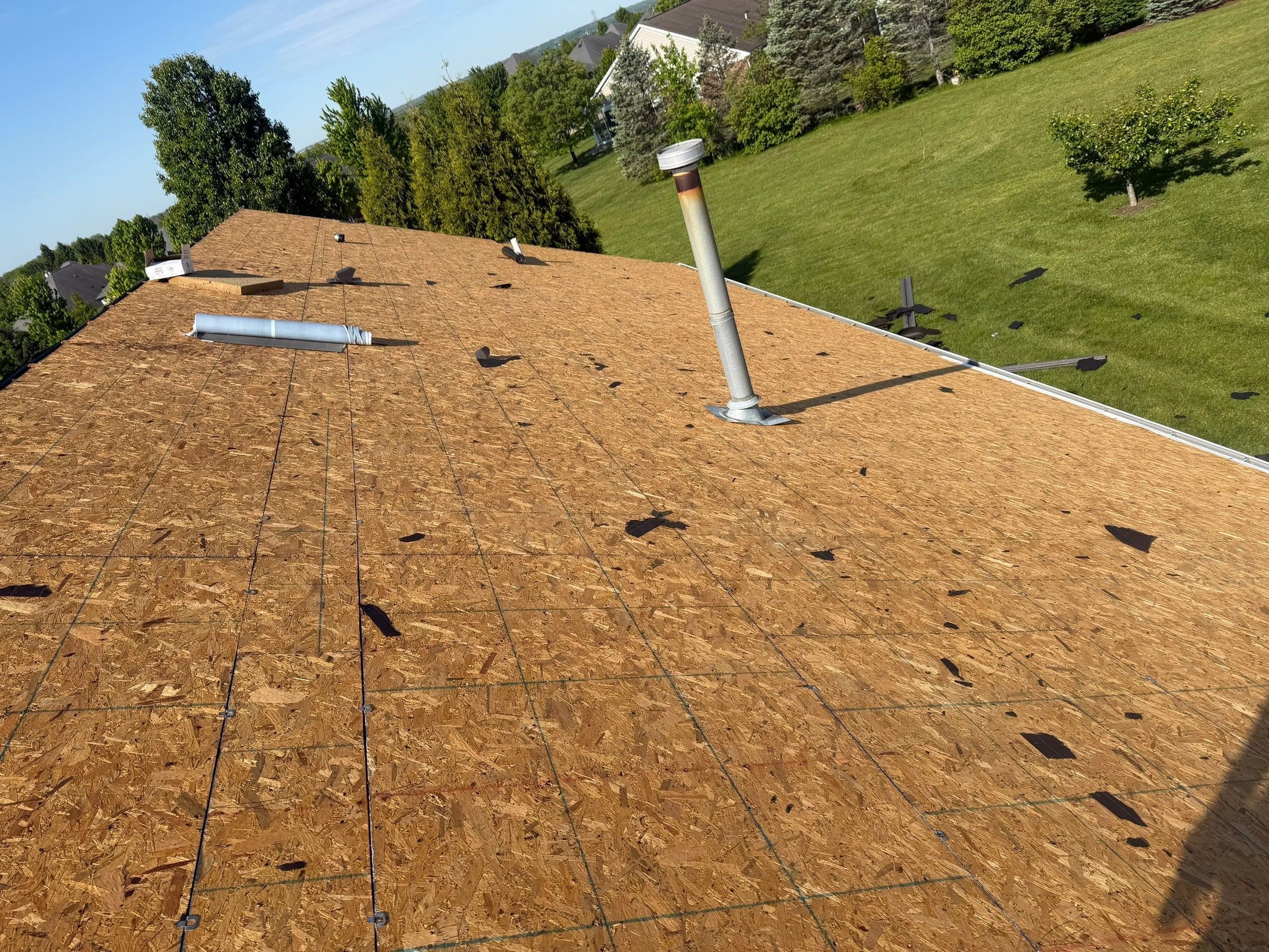 Wide slope of bare deck and vent pipes