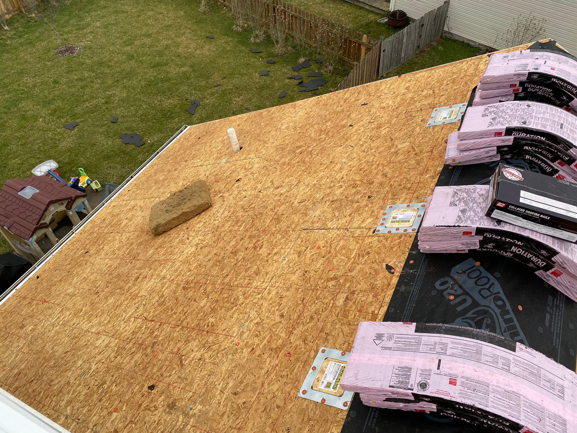 Cleared decking from ridge to eave