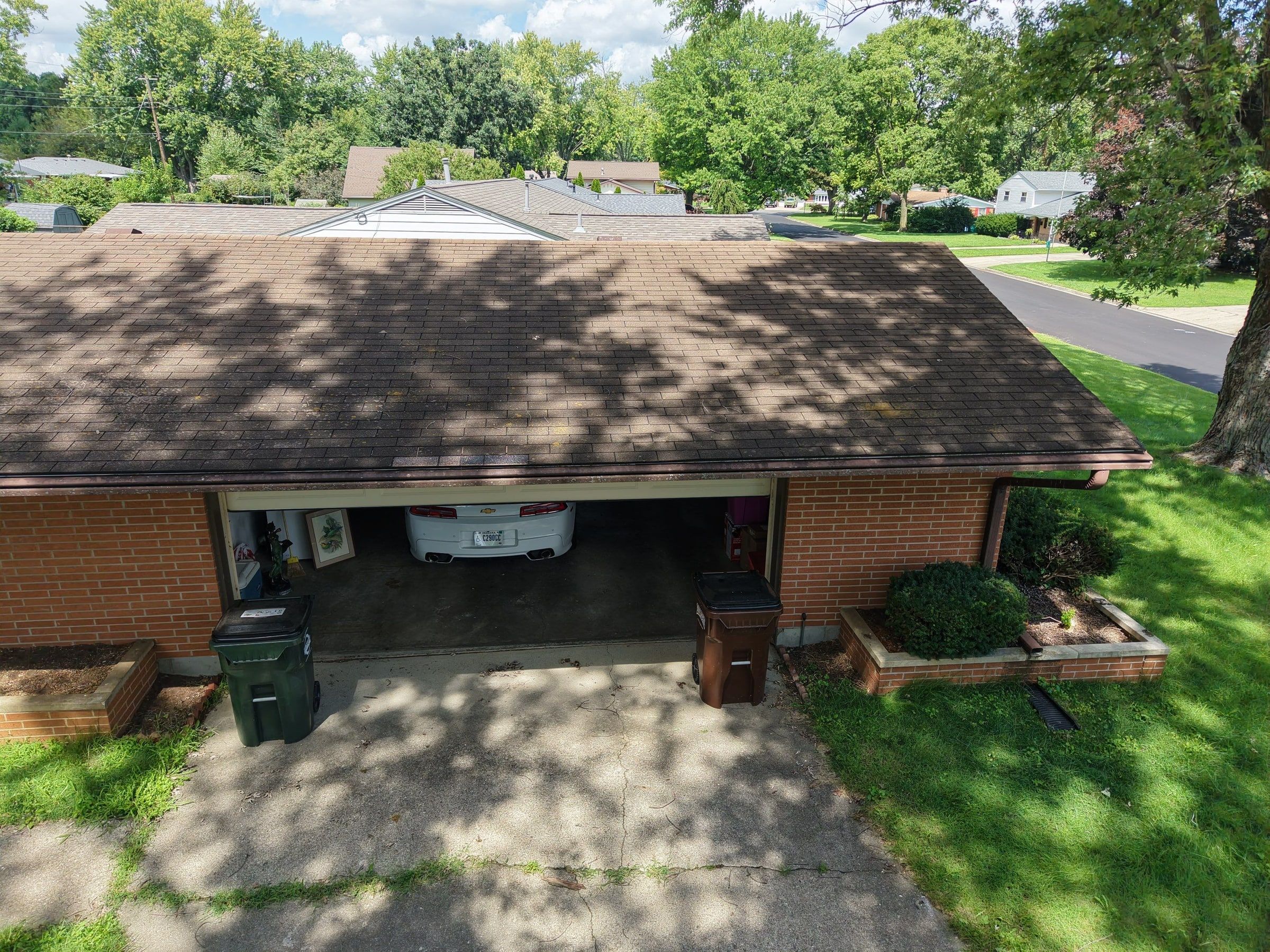 The ranch house and garage from the drone, Kettering, Ohio.