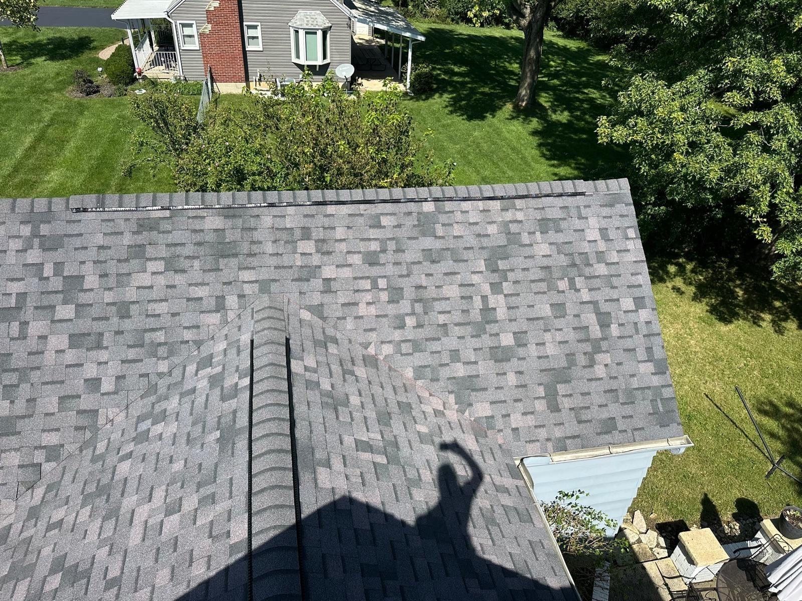 The finished roof from above, with its ridge vent, Beavercreek, Ohio.