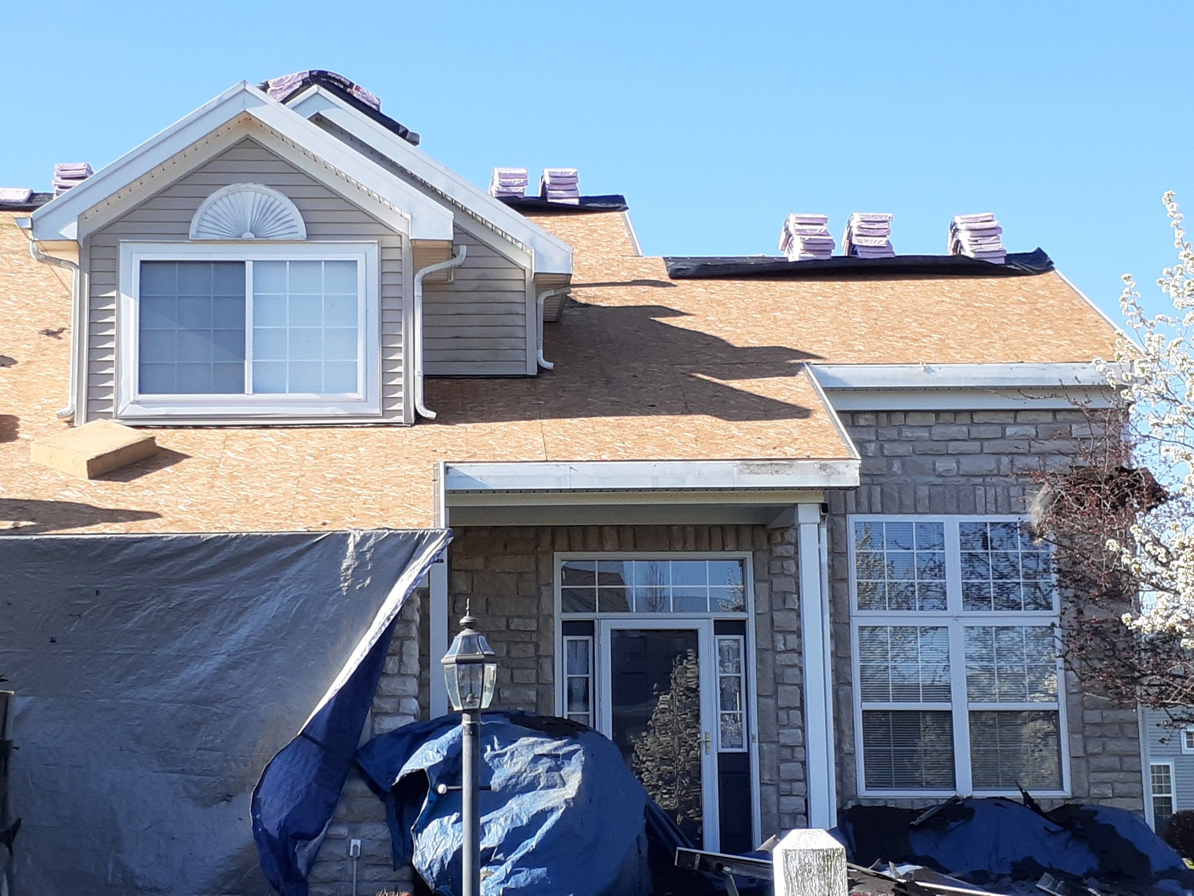 House front in new sheathing and shrub tarps