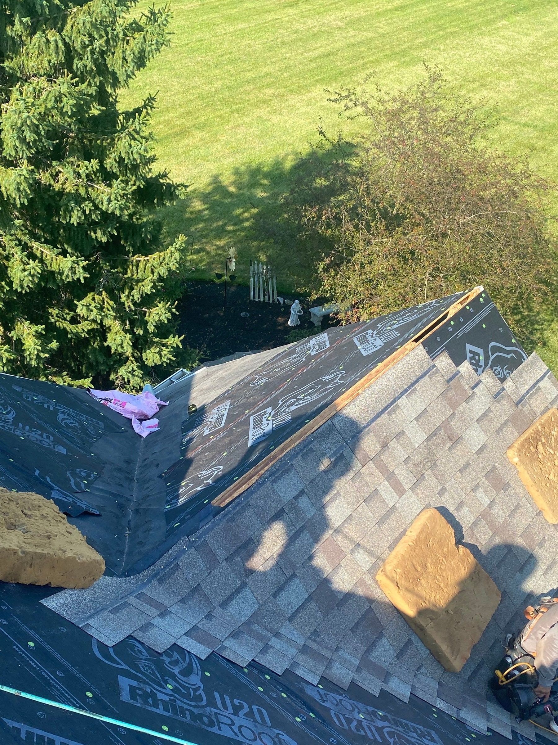 New shingles worked up into a valley over the underlayment, Yellow Springs, Ohio.