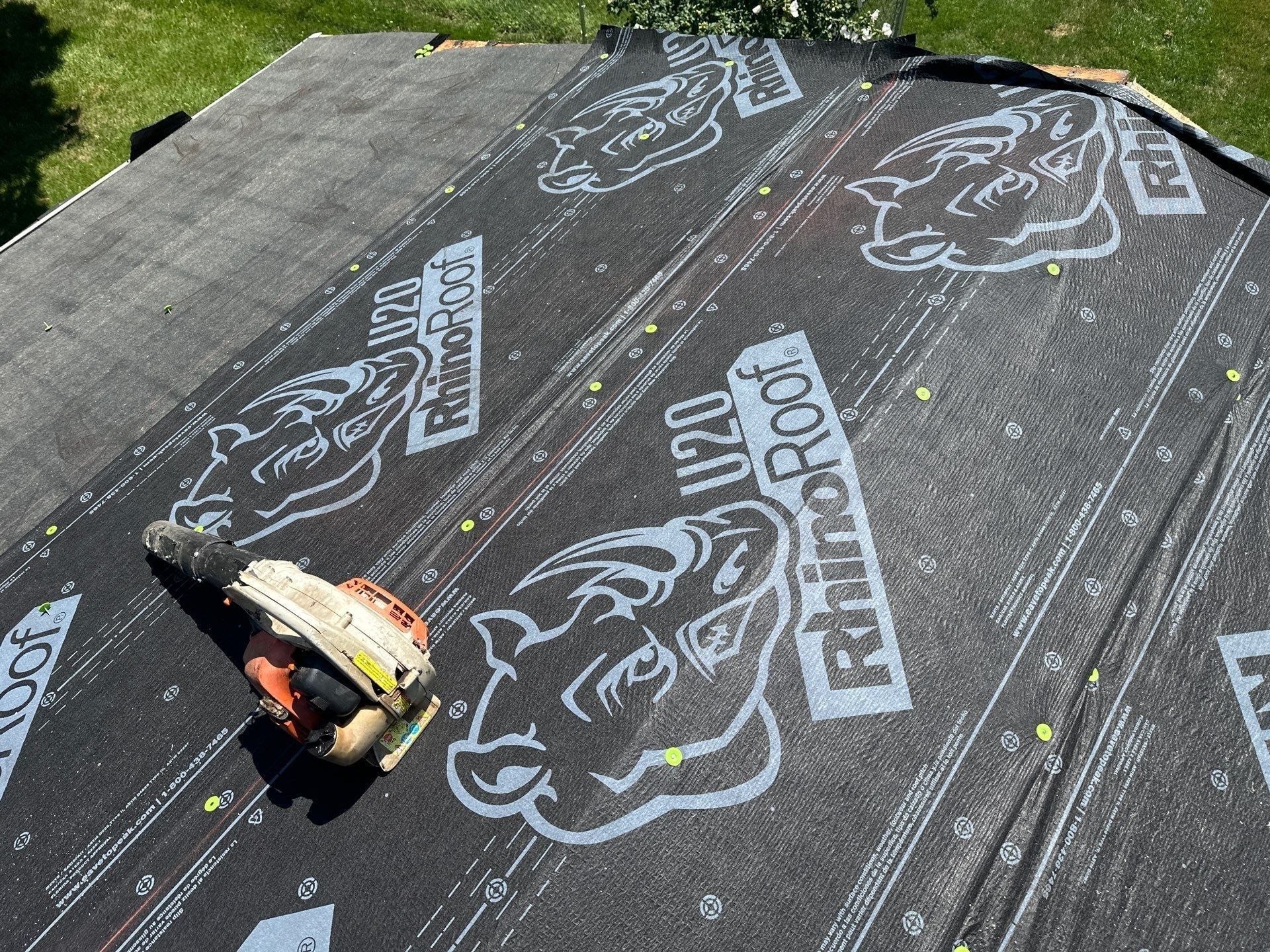 RhinoRoof synthetic underlayment over the new deck at the roof edge, Beavercreek, Ohio.