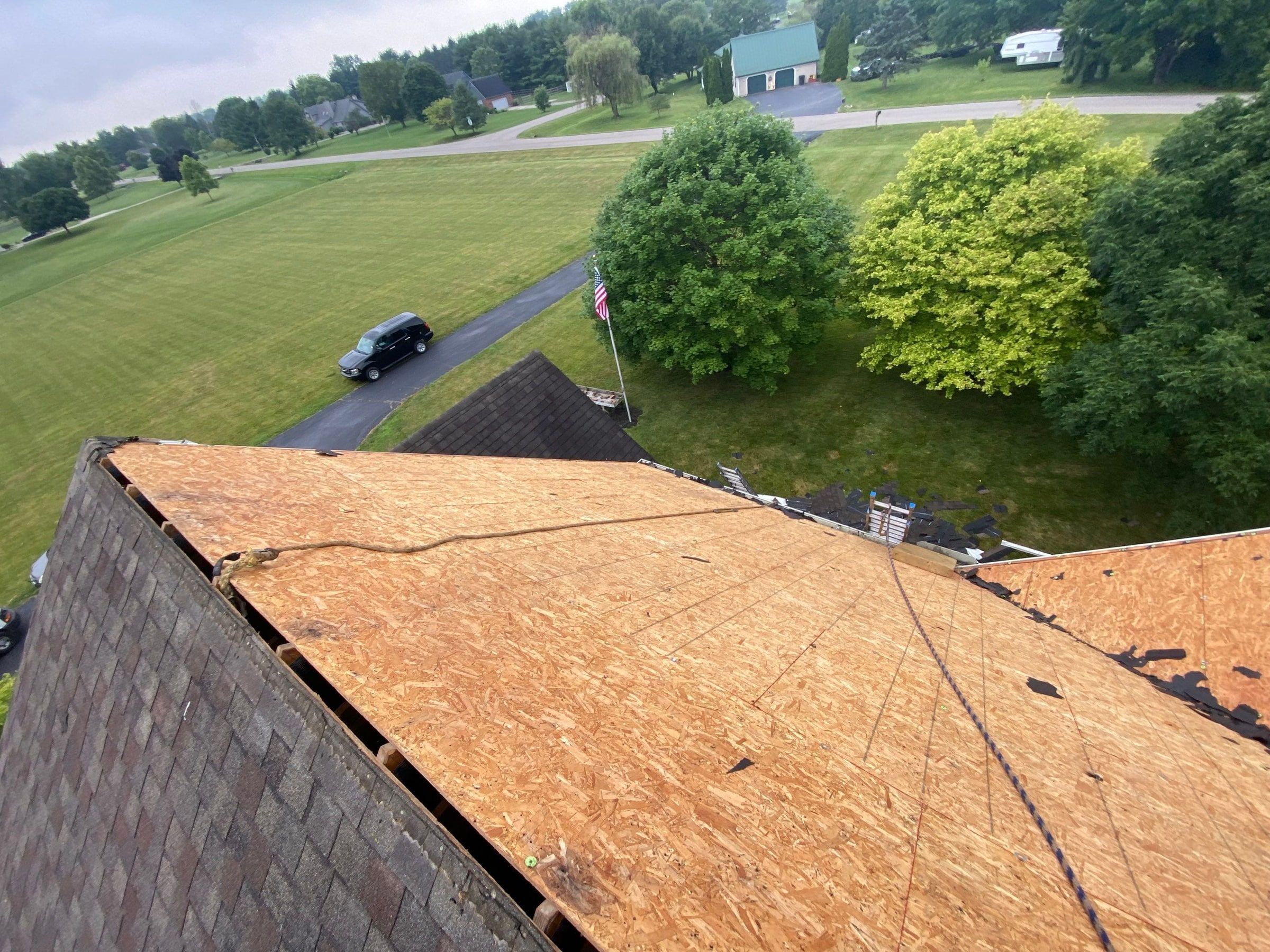 Upper slope stripped clean down to the wood deck, Yellow Springs, Ohio.