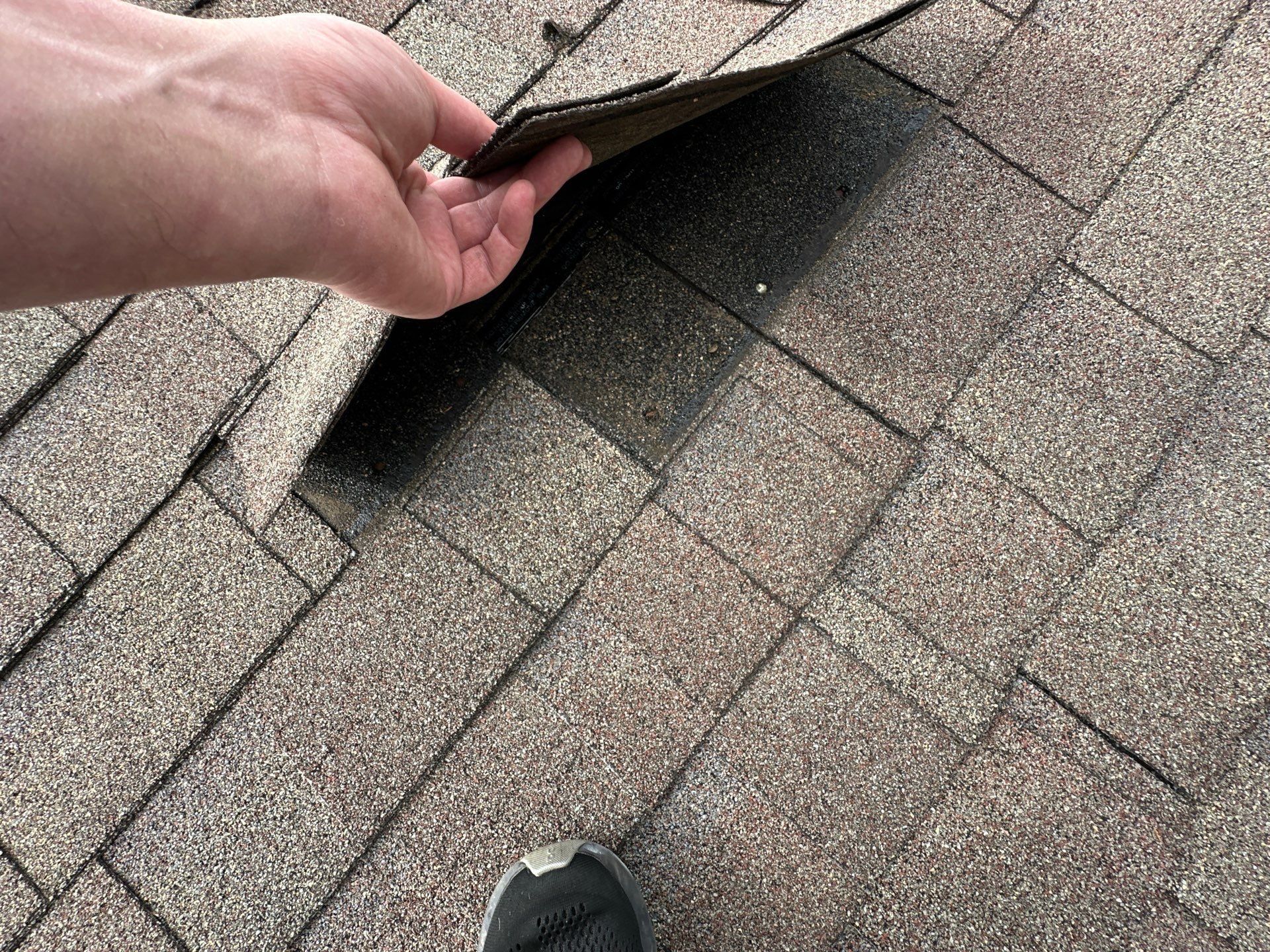 Hand lifting a shingle tab, sealant line