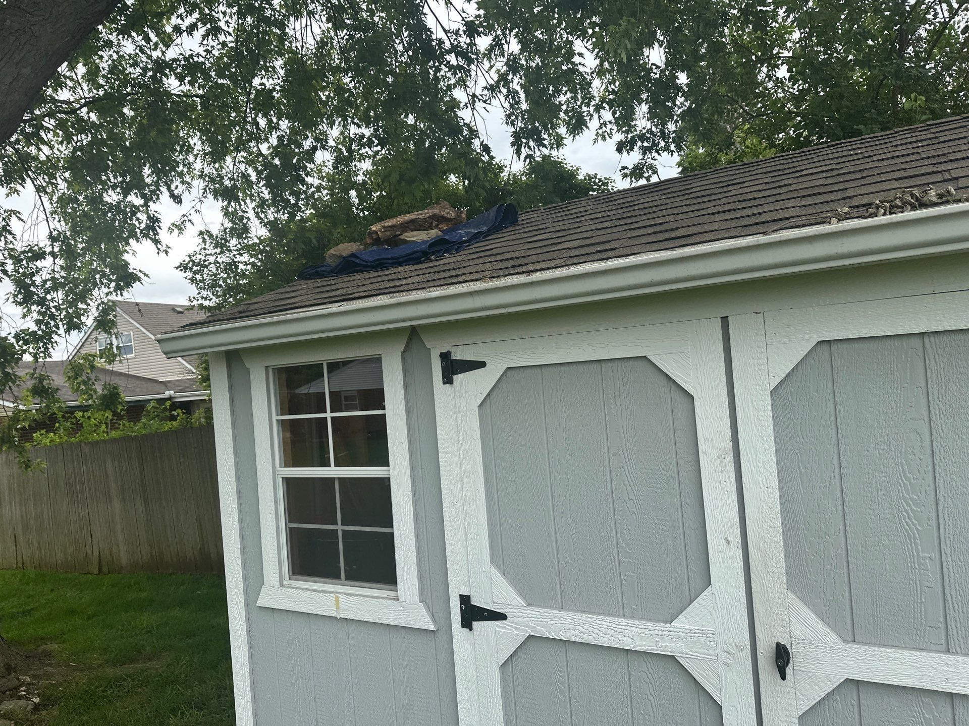 The backyard shed with a tarp and rocks on its roof under a tree, Xenia, Ohio.